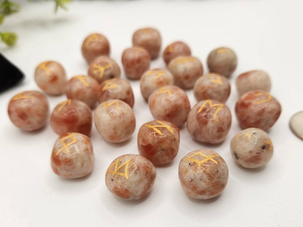 Sunstone Semi-Precious Gemstone Rune Sets + Velvet Pouch
