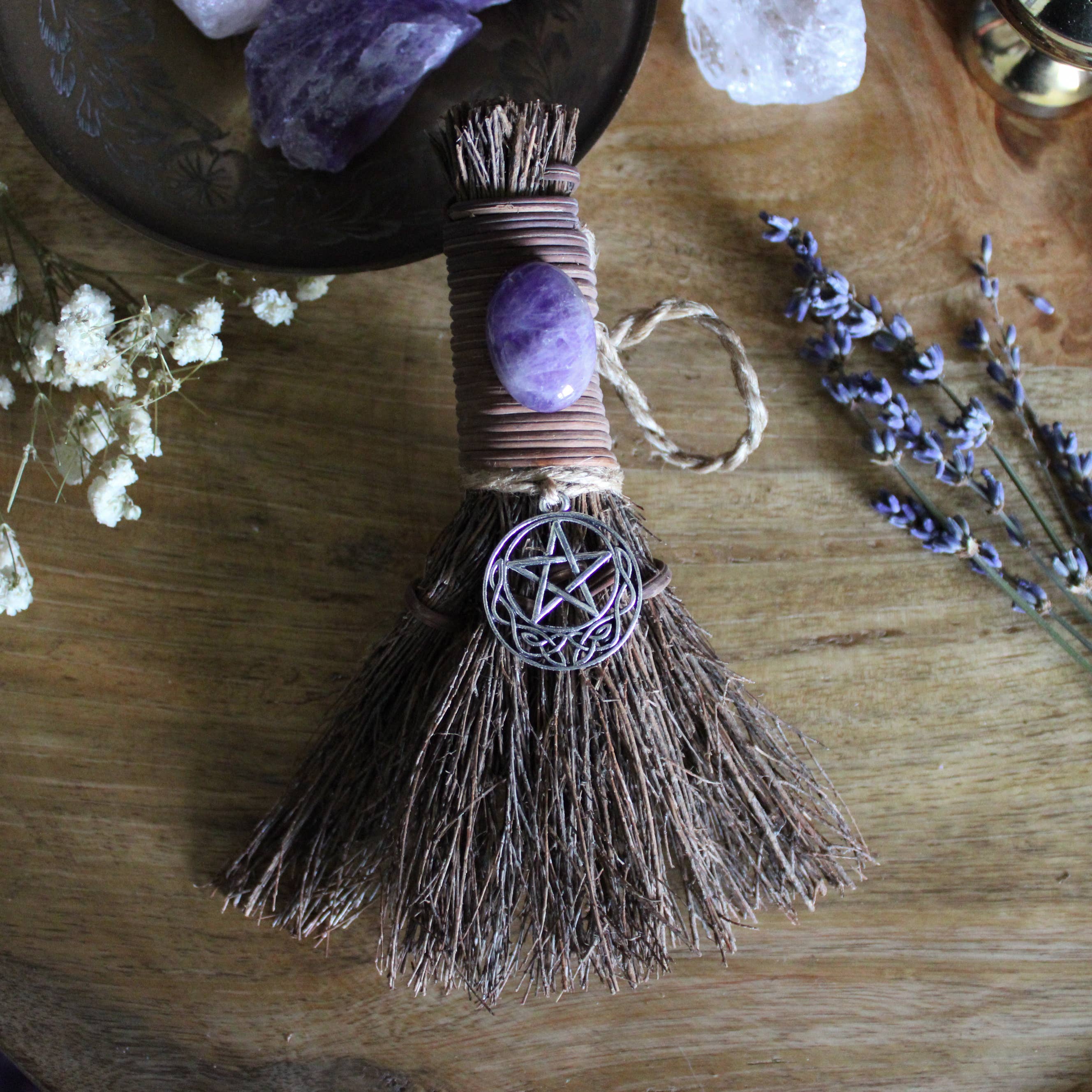 Celtic Pentacle Witch's Broom, Crystal Witchy Altar Besom: Amethyst / 6"