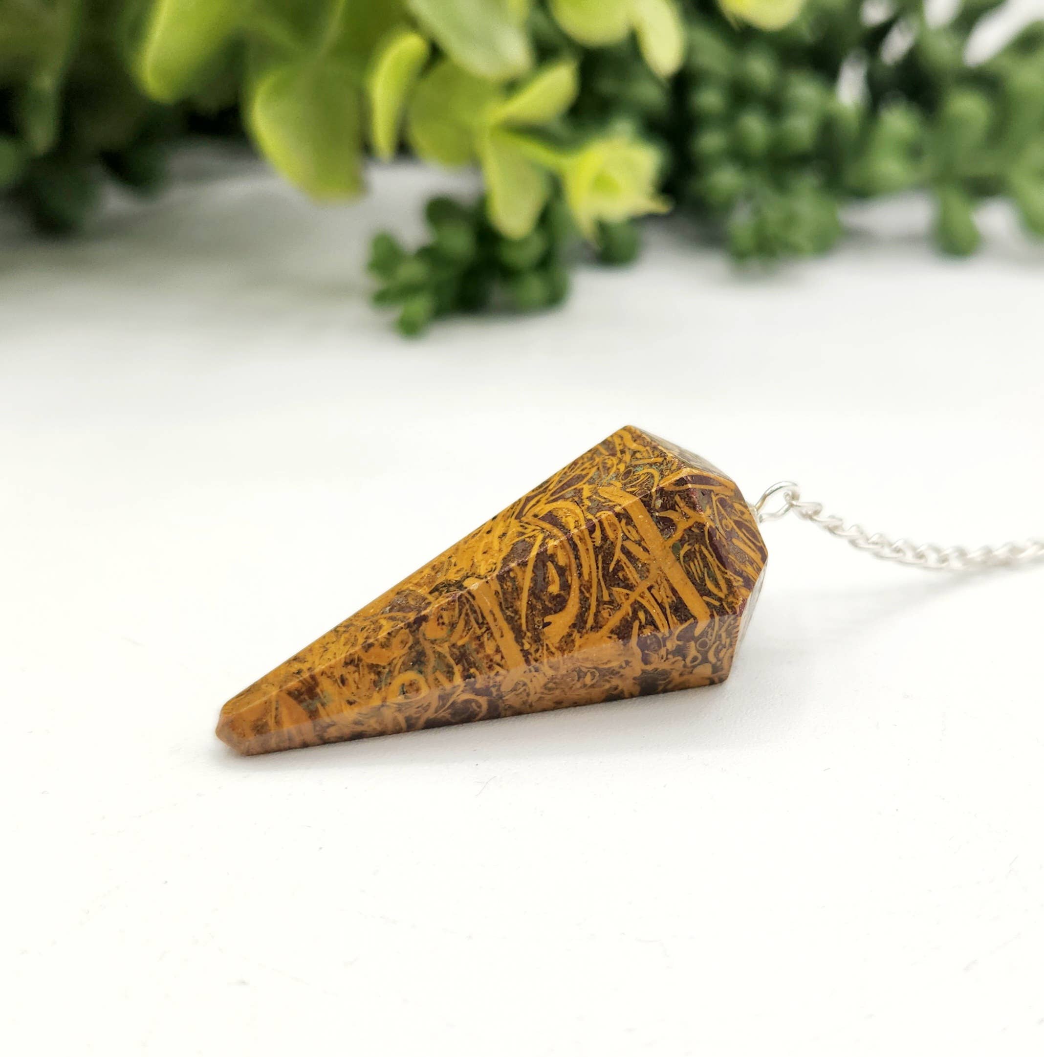 Calligraphy Jasper Pendulum w/Silver Plated Chain