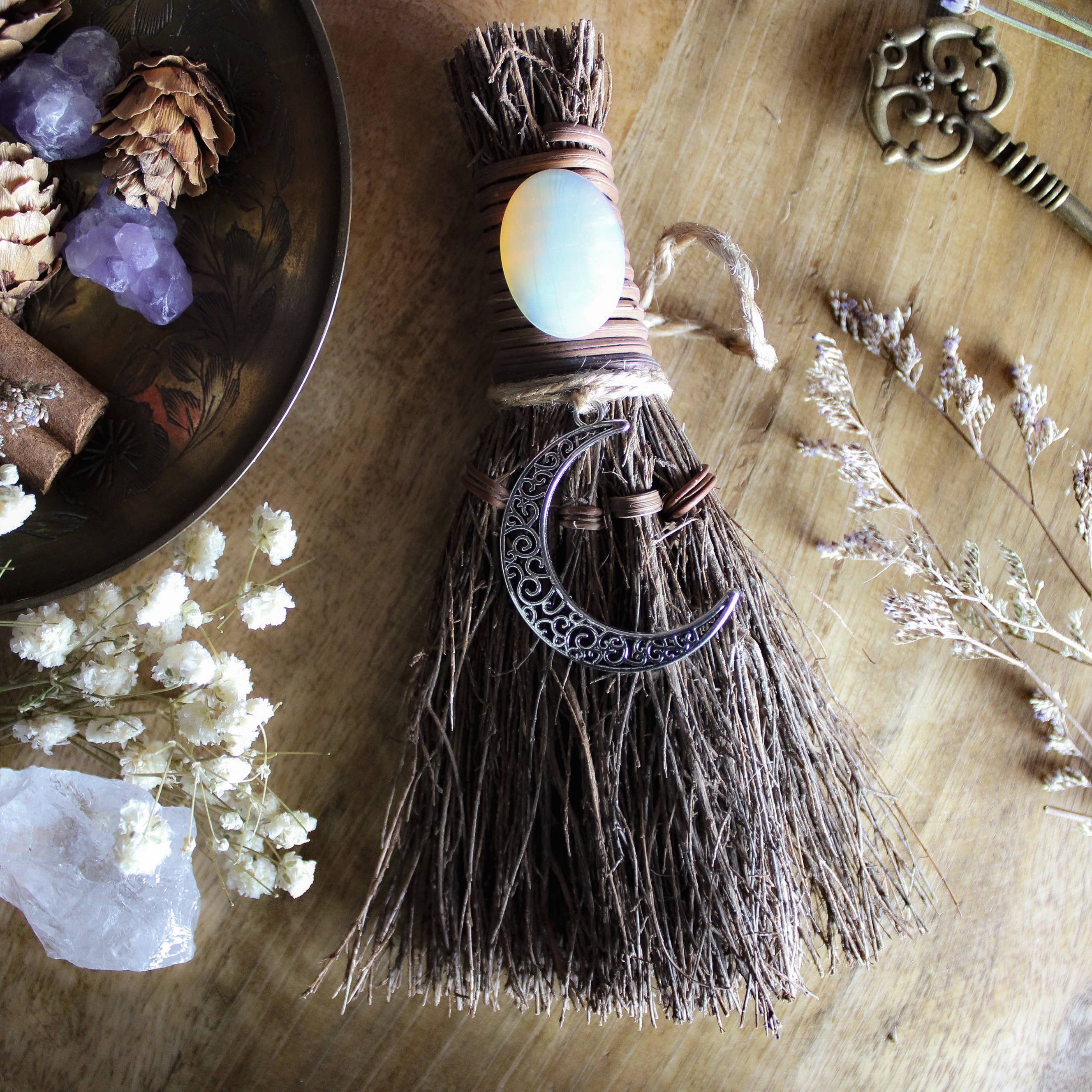 Crescent Moon Witch's Broom, Crystal Witch Altar Besom: Opalite / 6"
