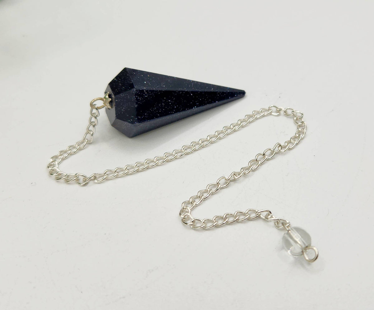 Blue Goldstone Pendulum w/Silver Plated Chain& Clear Quartz