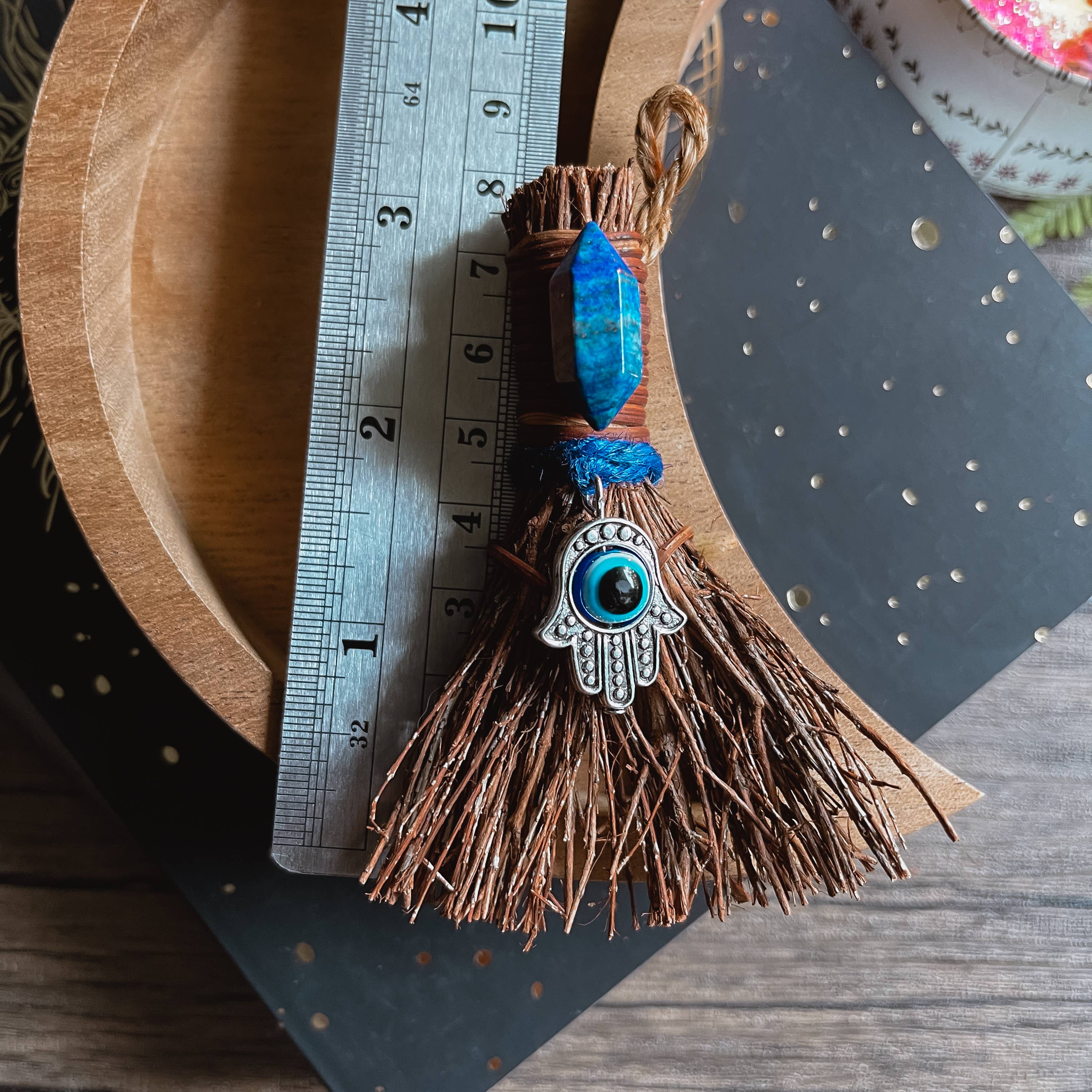 Evil Eye Mini Witch's Besom, Witchy Altar Broom Lapis Lazuli: Size: 3" Unscented