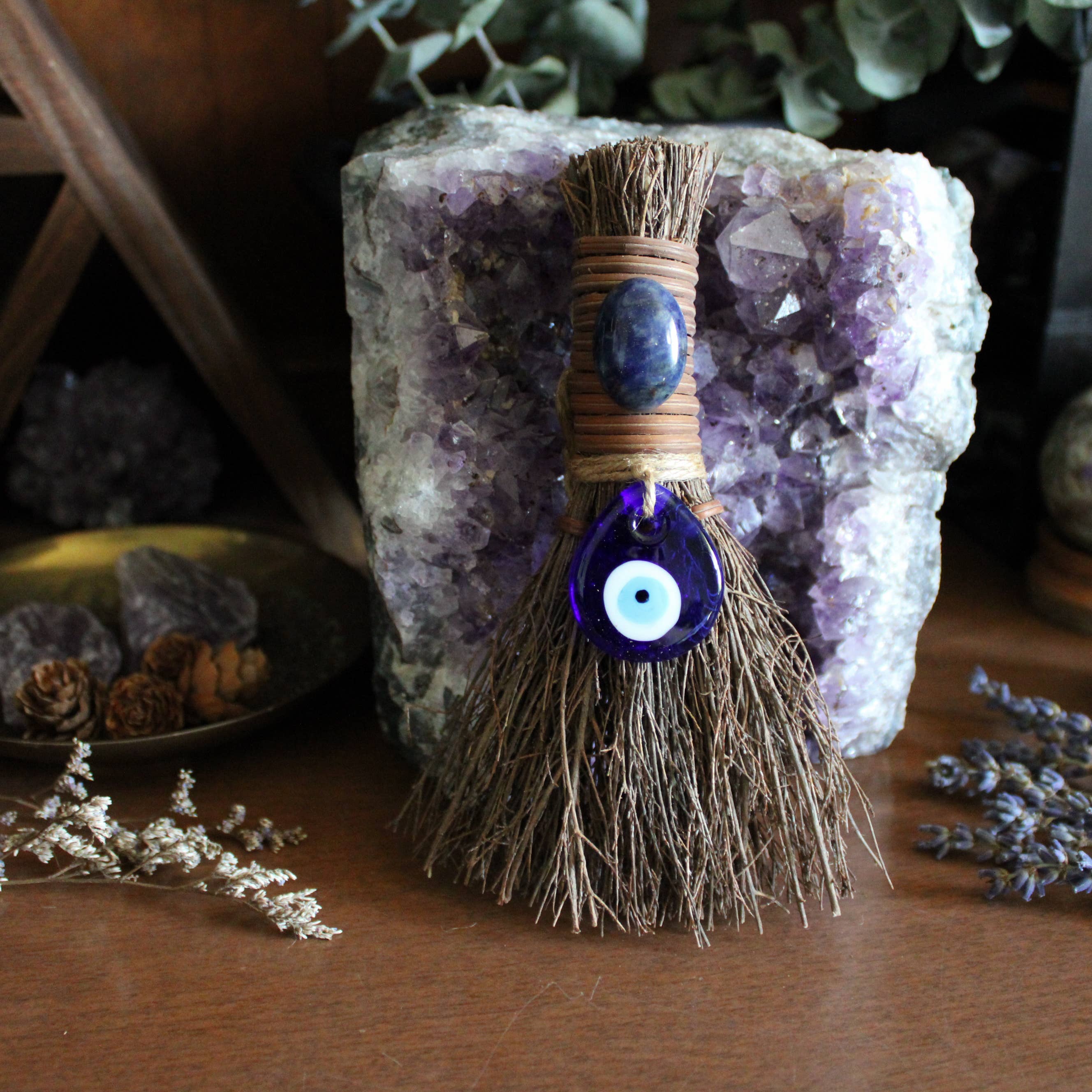 Evil Eye Protection Witch's Broom, Crystal Witch Besom: Sodalite