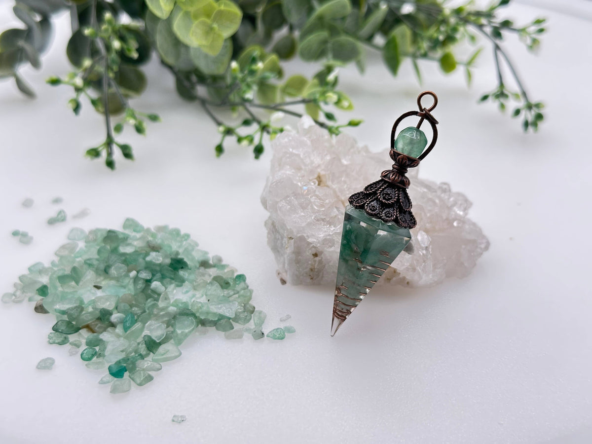 Green Aventurine Gemstone Chips w/ Copper & Resin Pendulum