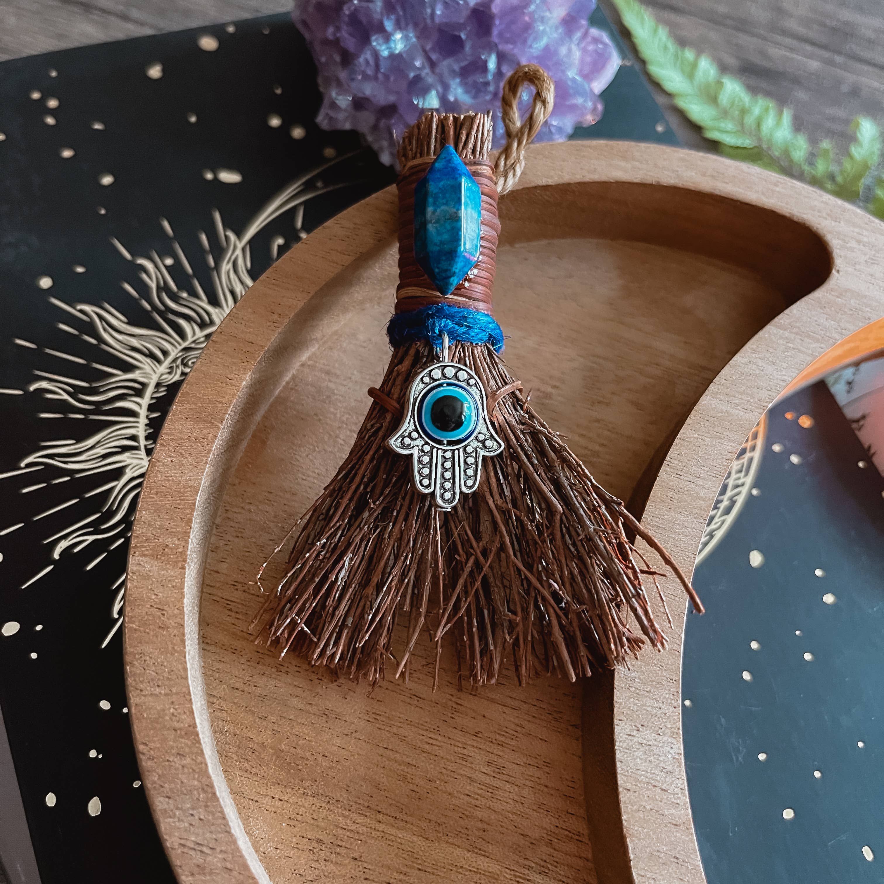 Evil Eye Mini Witch's Besom, Witchy Altar Broom Lapis Lazuli: Size: 3" Unscented