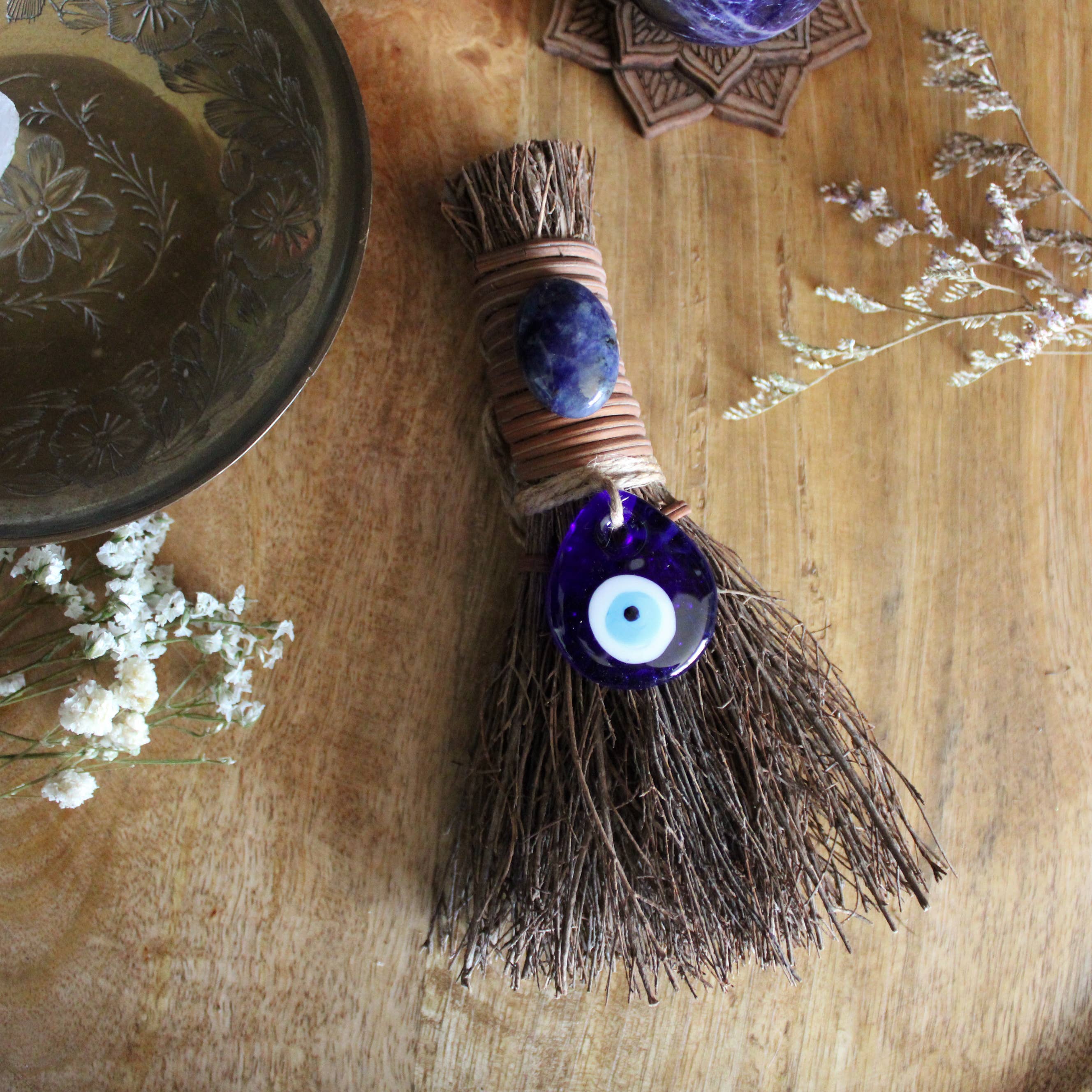 Evil Eye Protection Witch's Broom, Crystal Witch Besom: Sodalite