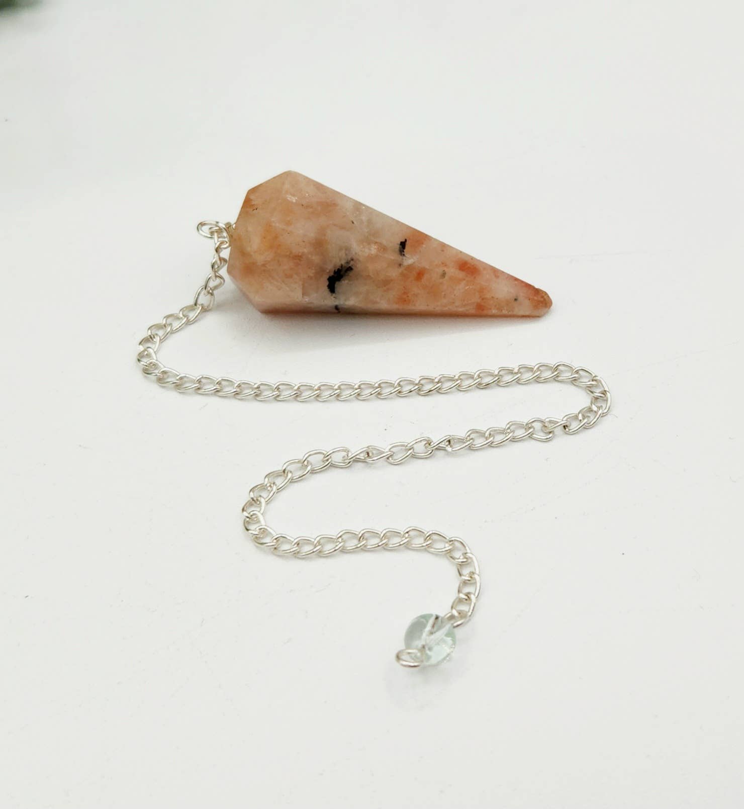 Sunstone Pendulum w/Silver Plated Chain & Clear Quartz Bead