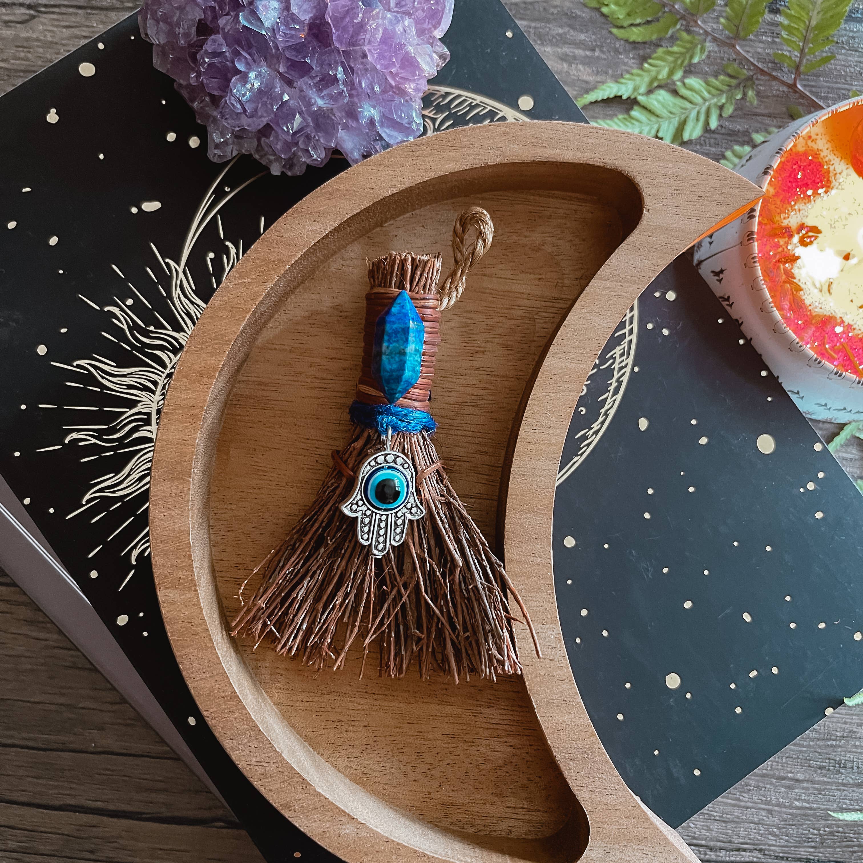 Evil Eye Mini Witch's Besom, Witchy Altar Broom Lapis Lazuli: Size: 3" Unscented