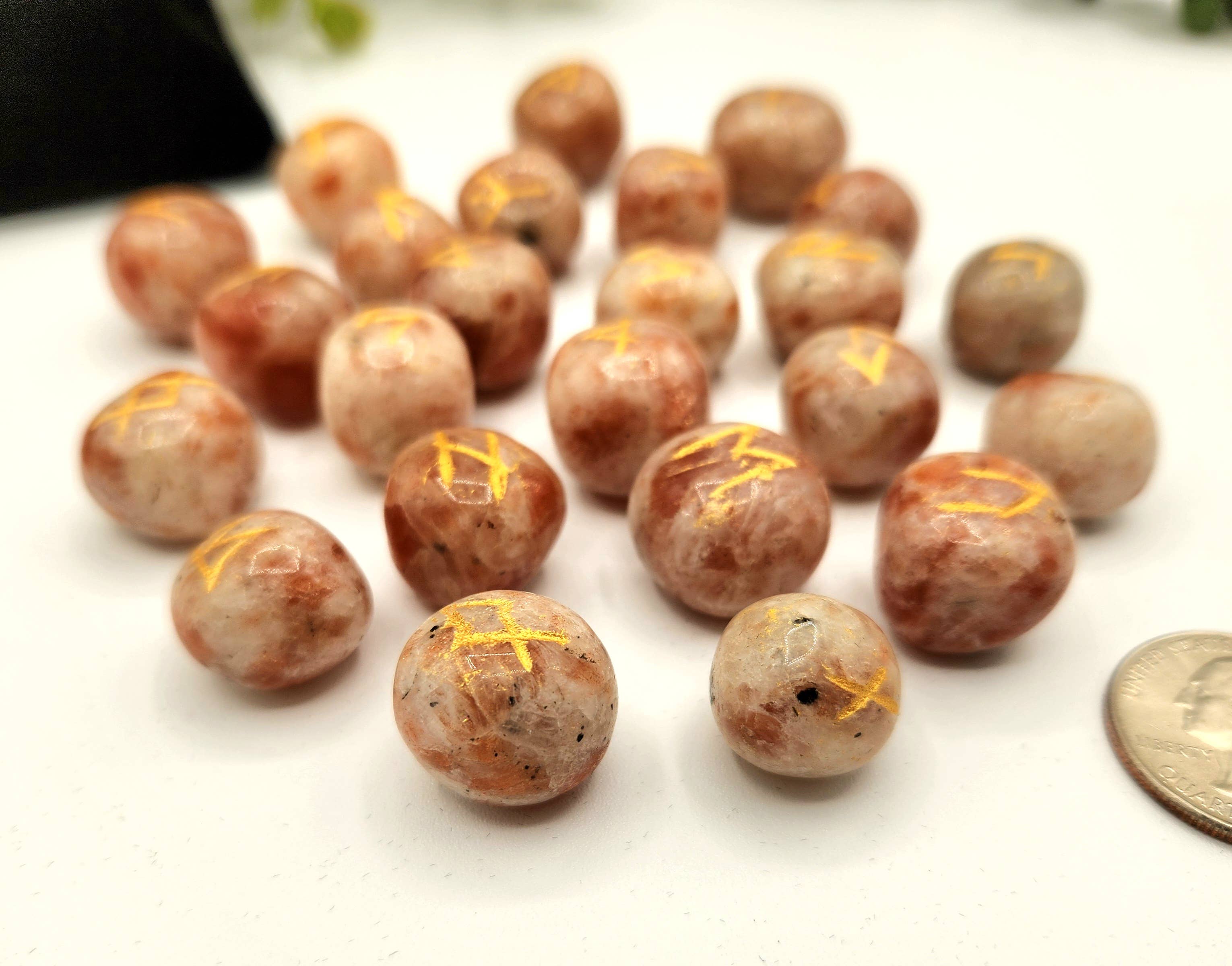 Sunstone Semi-Precious Gemstone Rune Sets + Velvet Pouch
