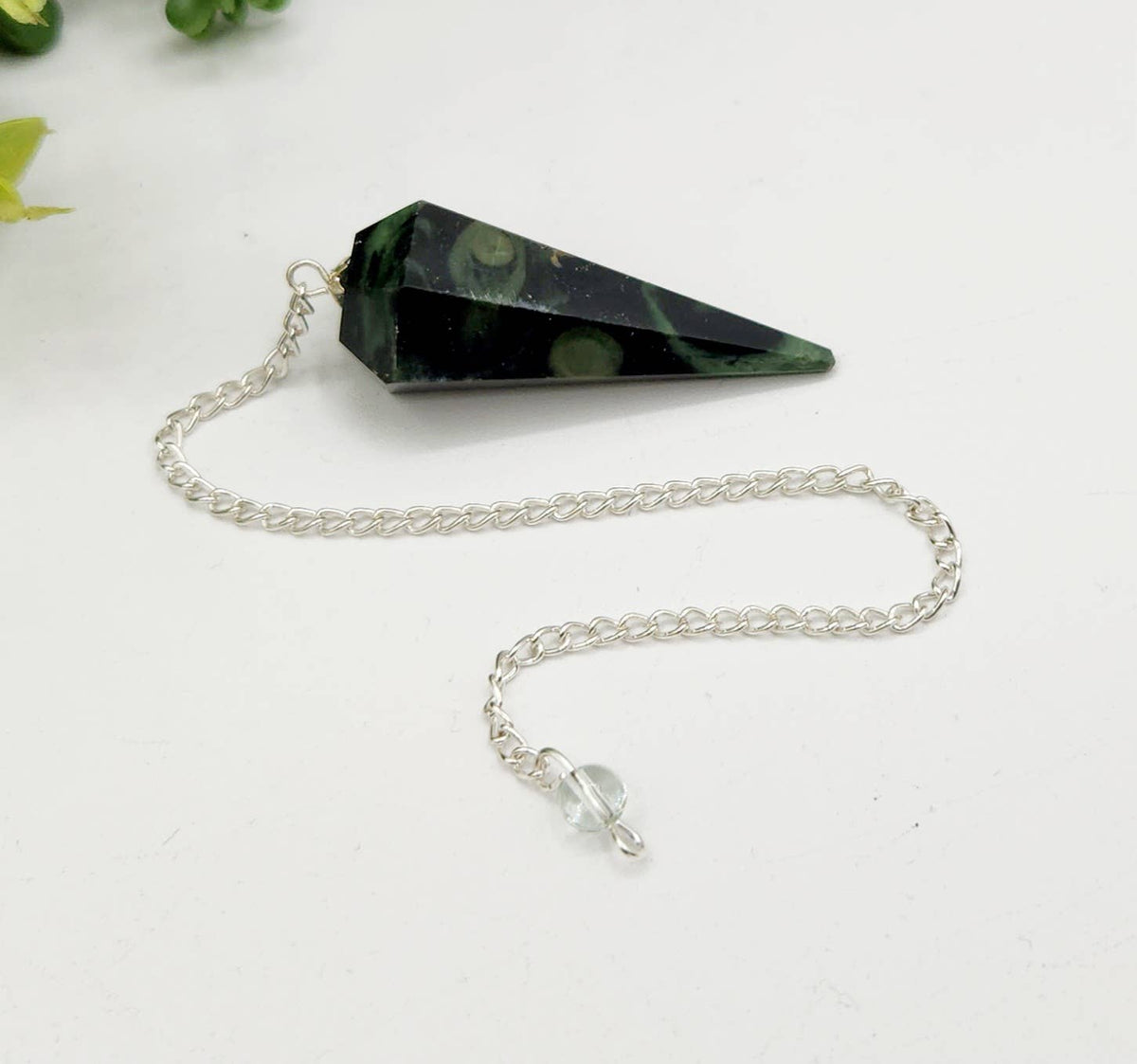 Kambaba Jasper Pendulum w/Silver Plated Chain & Clear Quartz