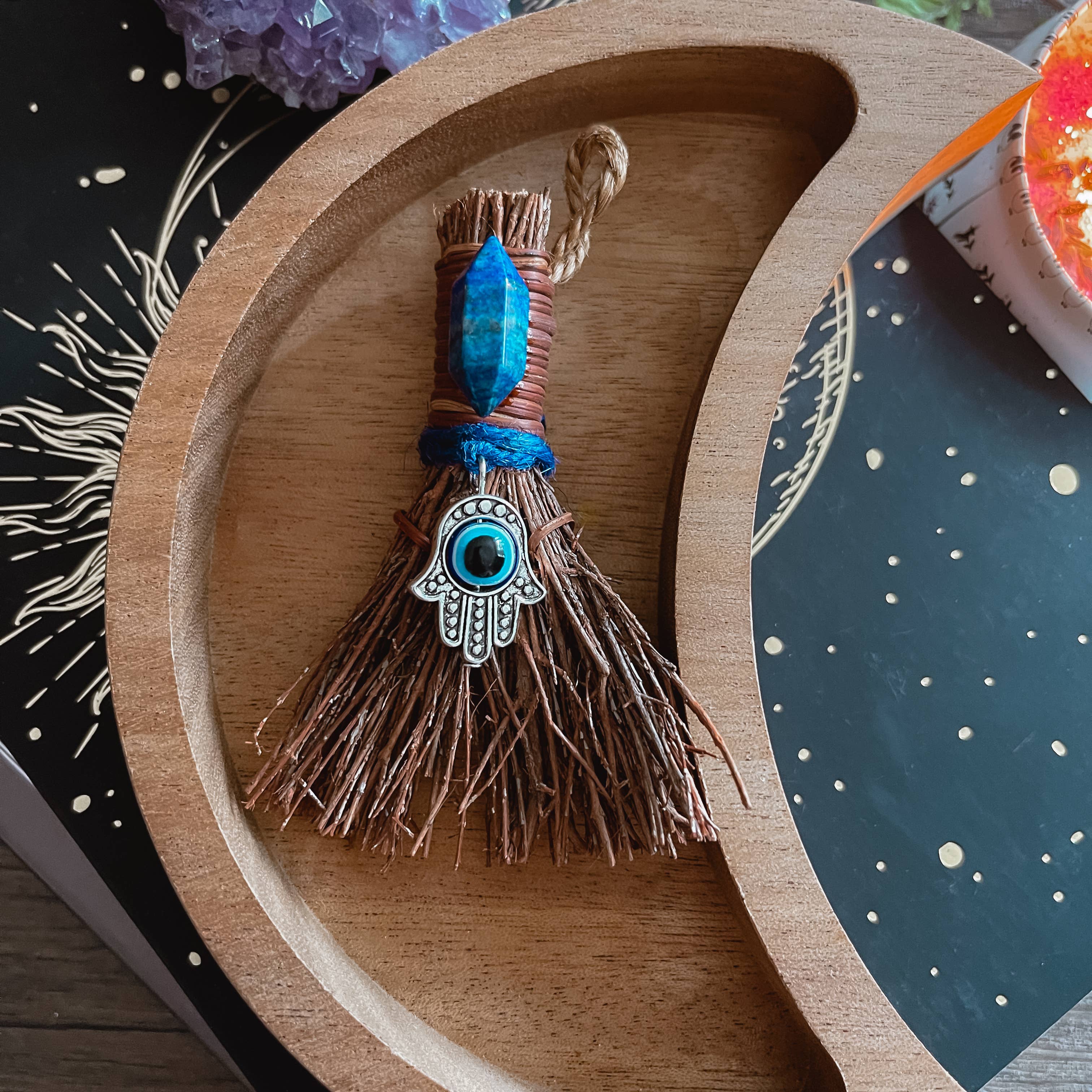 Evil Eye Mini Witch's Besom, Witchy Altar Broom Lapis Lazuli: Size: 3" Unscented