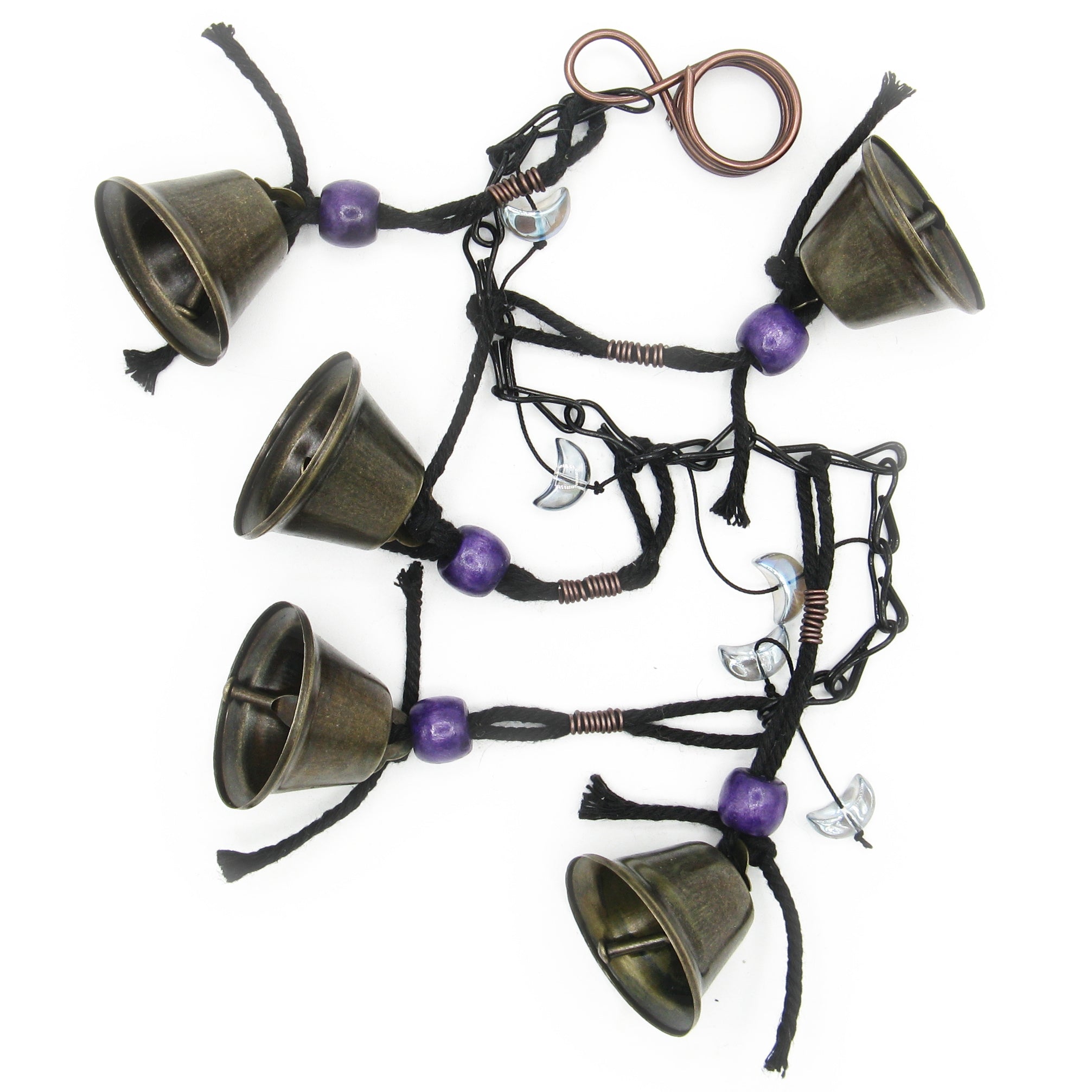 Hanging Witch's Bells: Purple Beads, Crescent Moons, Black Chain - Handcrafted