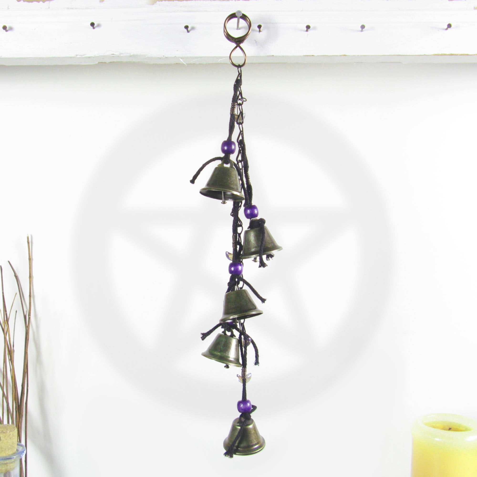 Hanging Witch's Bells: Purple Beads, Crescent Moons, Black Chain - Handcrafted