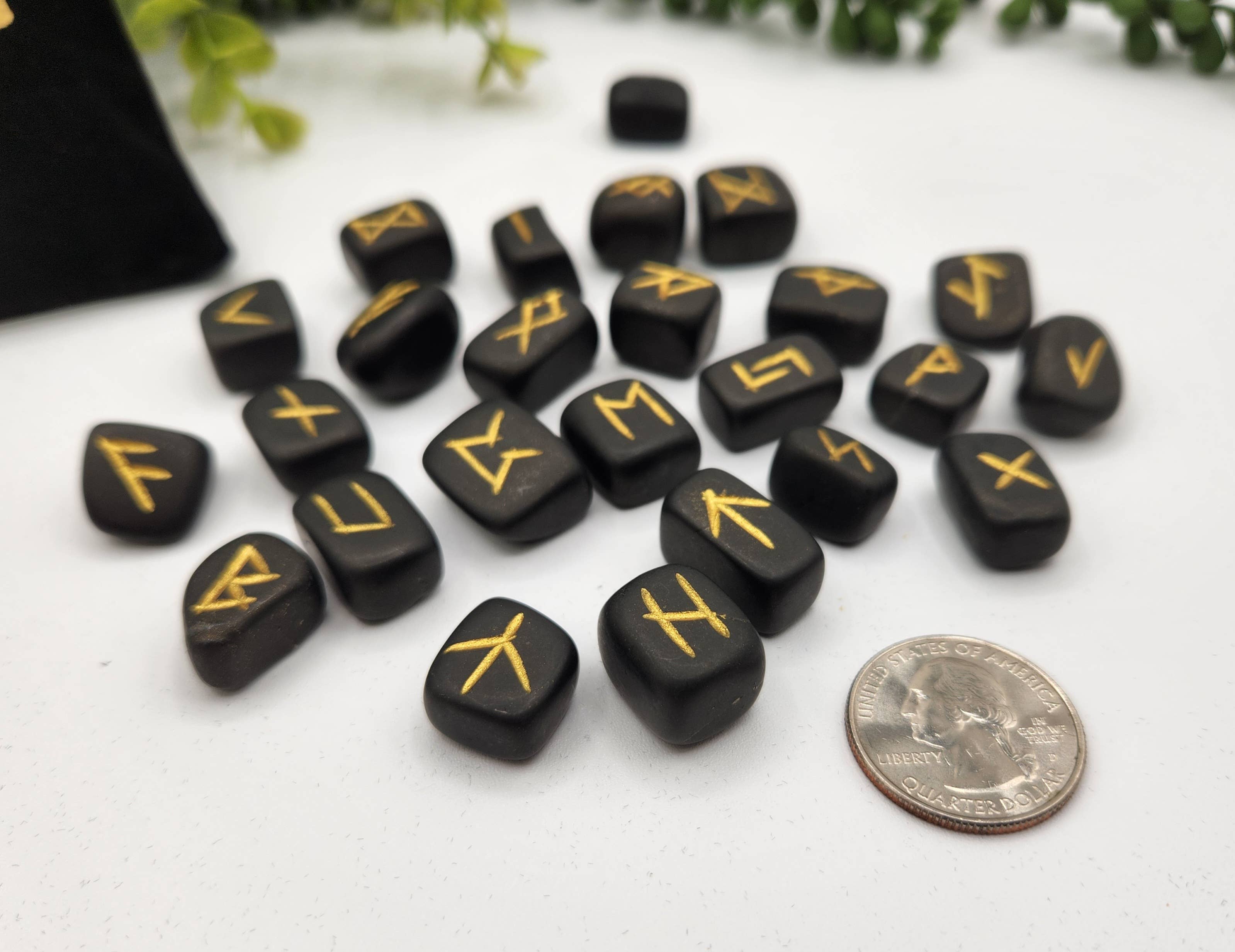 Shungite Semi-Precious Gemstone Rune Sets with Velvet Pouch