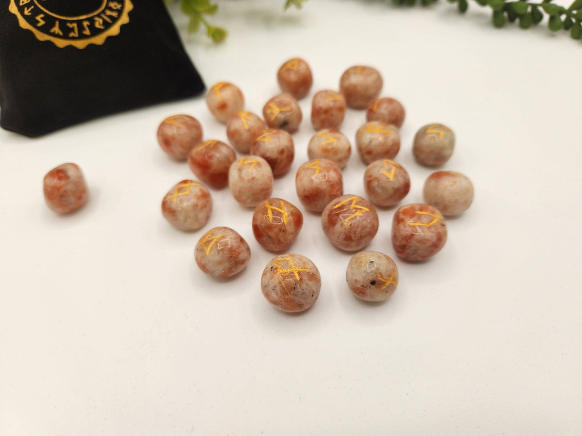 Sunstone Semi-Precious Gemstone Rune Sets + Velvet Pouch