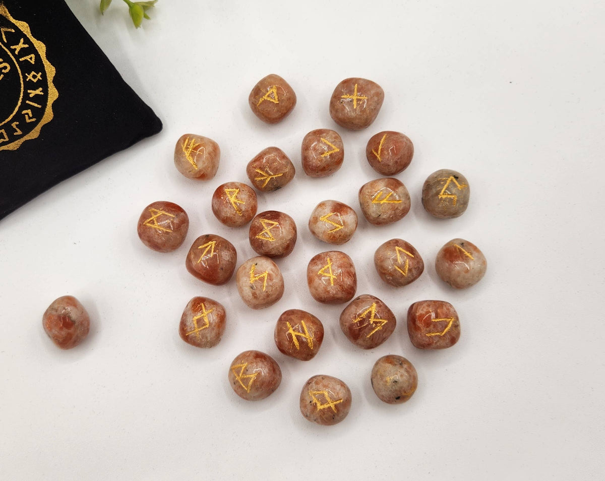 Sunstone Semi-Precious Gemstone Rune Sets + Velvet Pouch