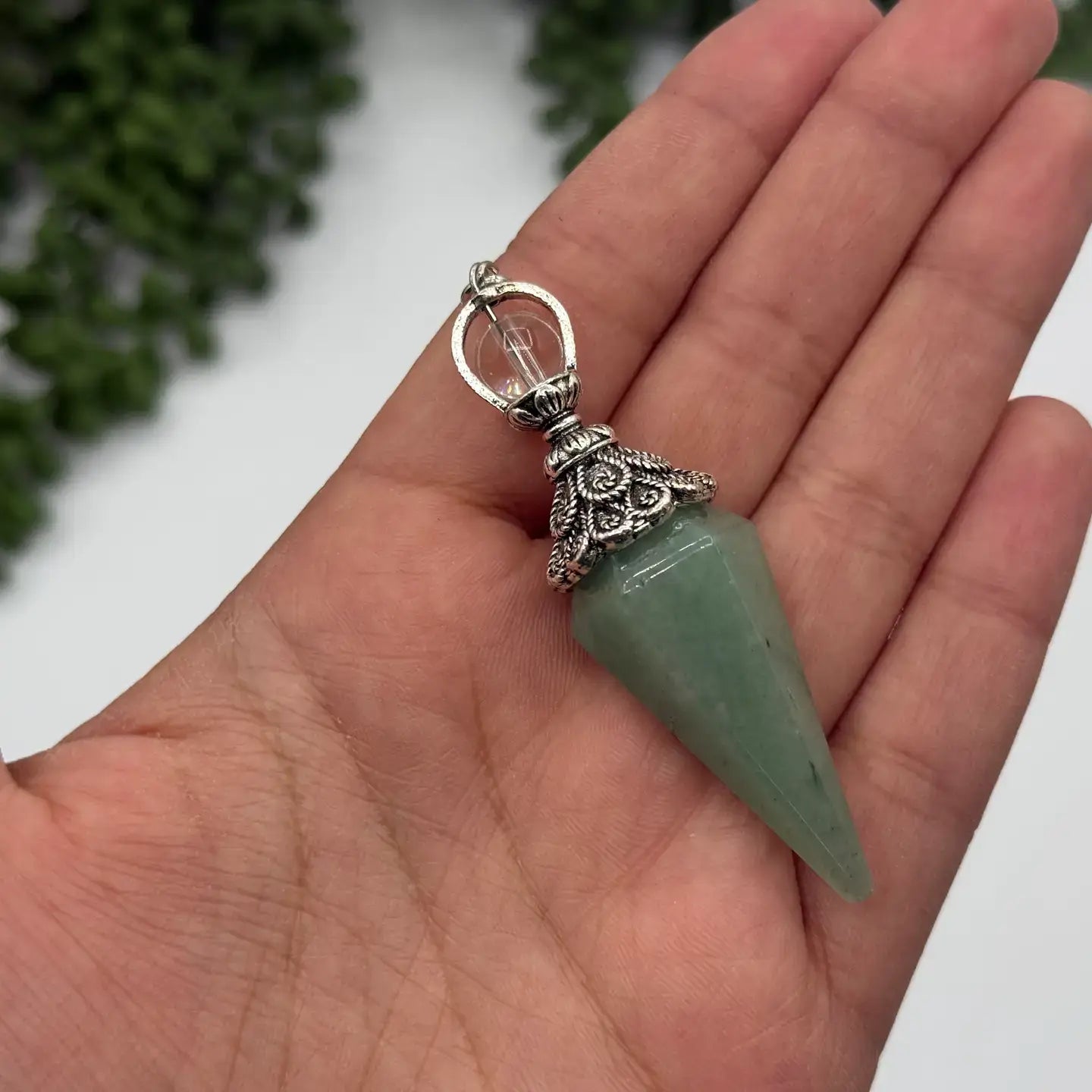 Double Cap Pendulums with Silver Plated Chain : Green Aventurine