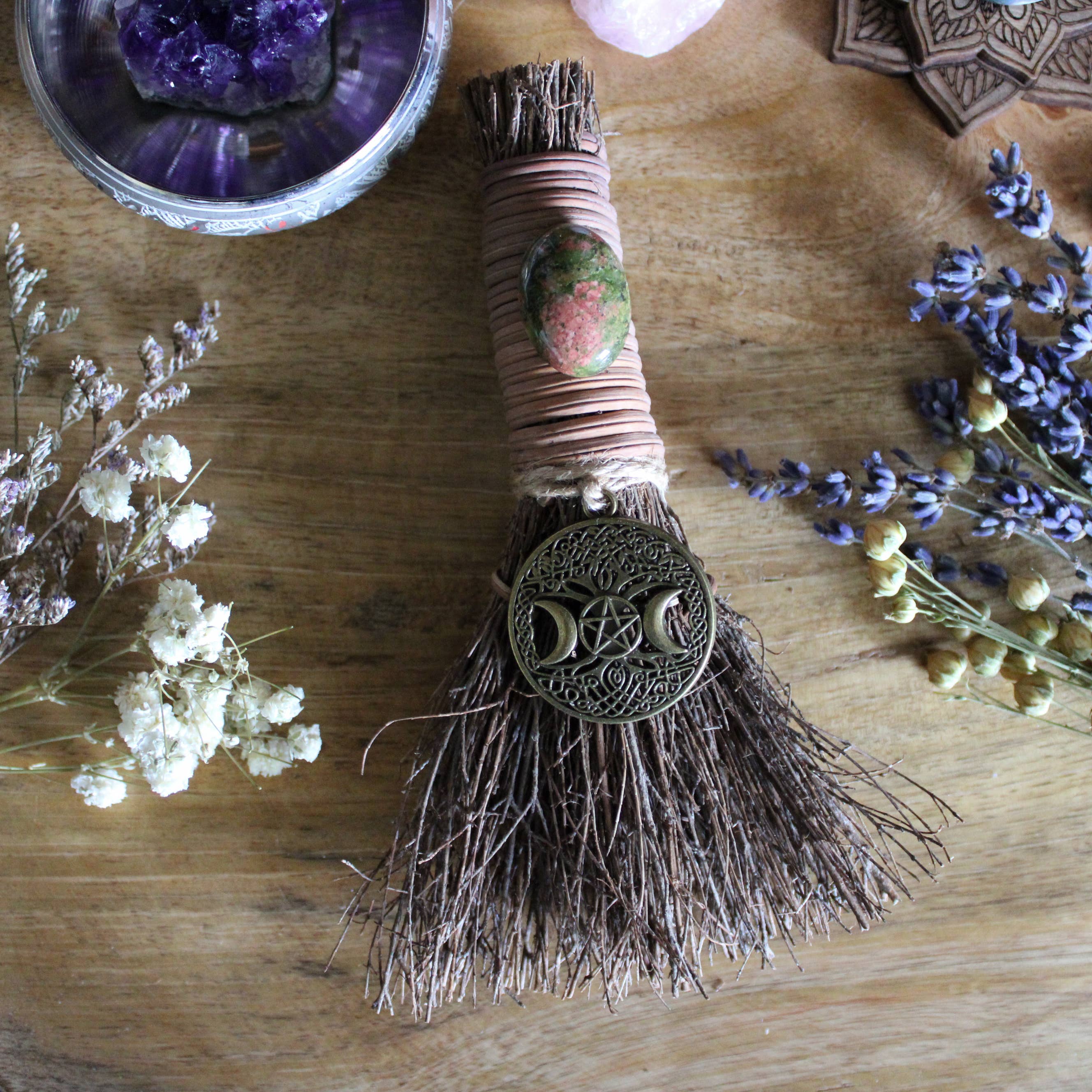Tree Of Life Pentacle Witch's Besom, Witchy Crystal Broom: Bronze / Unakite / 6"