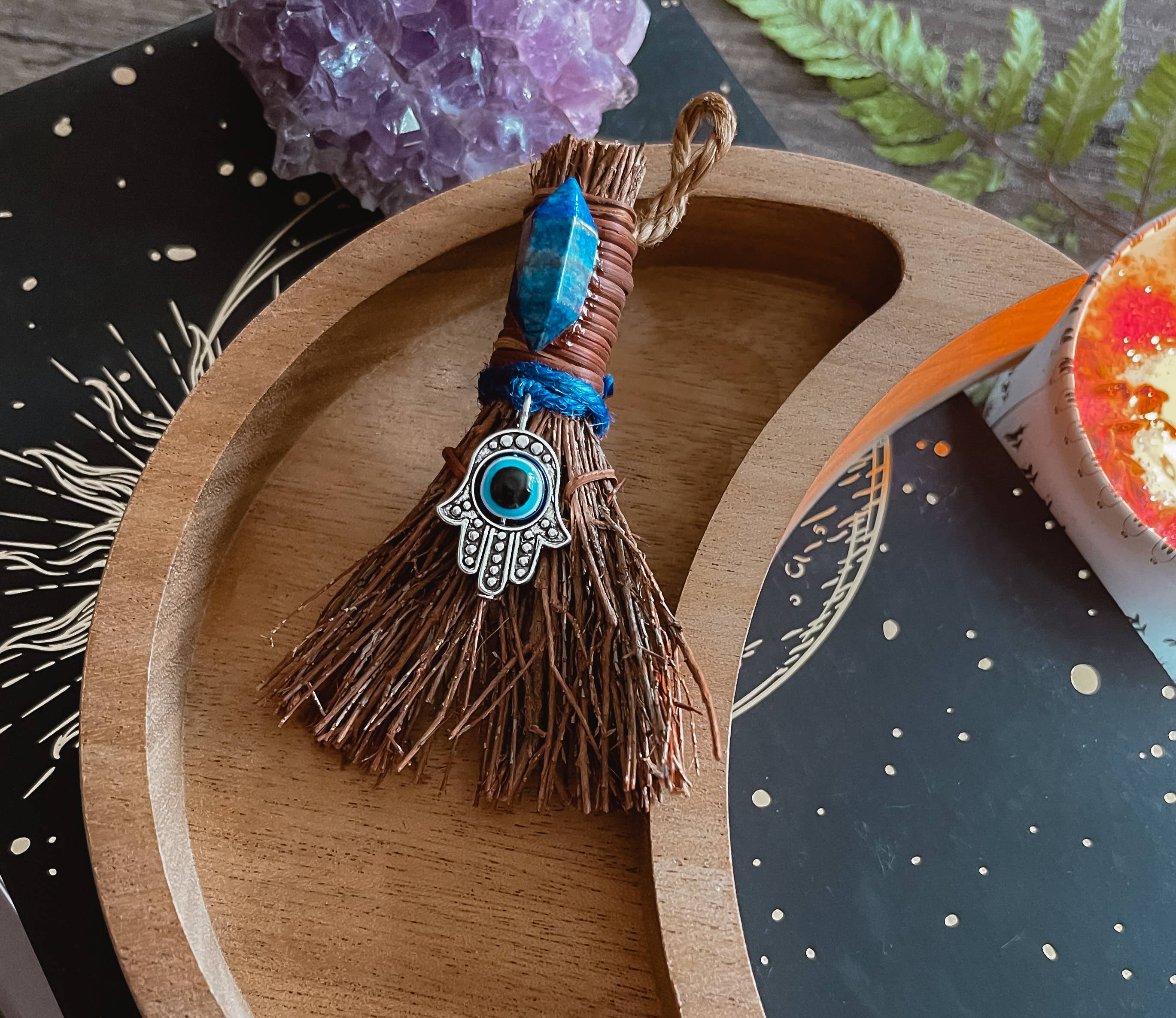 Evil Eye Mini Witch's Besom, Witchy Altar Broom Lapis Lazuli: Size: 3" Unscented