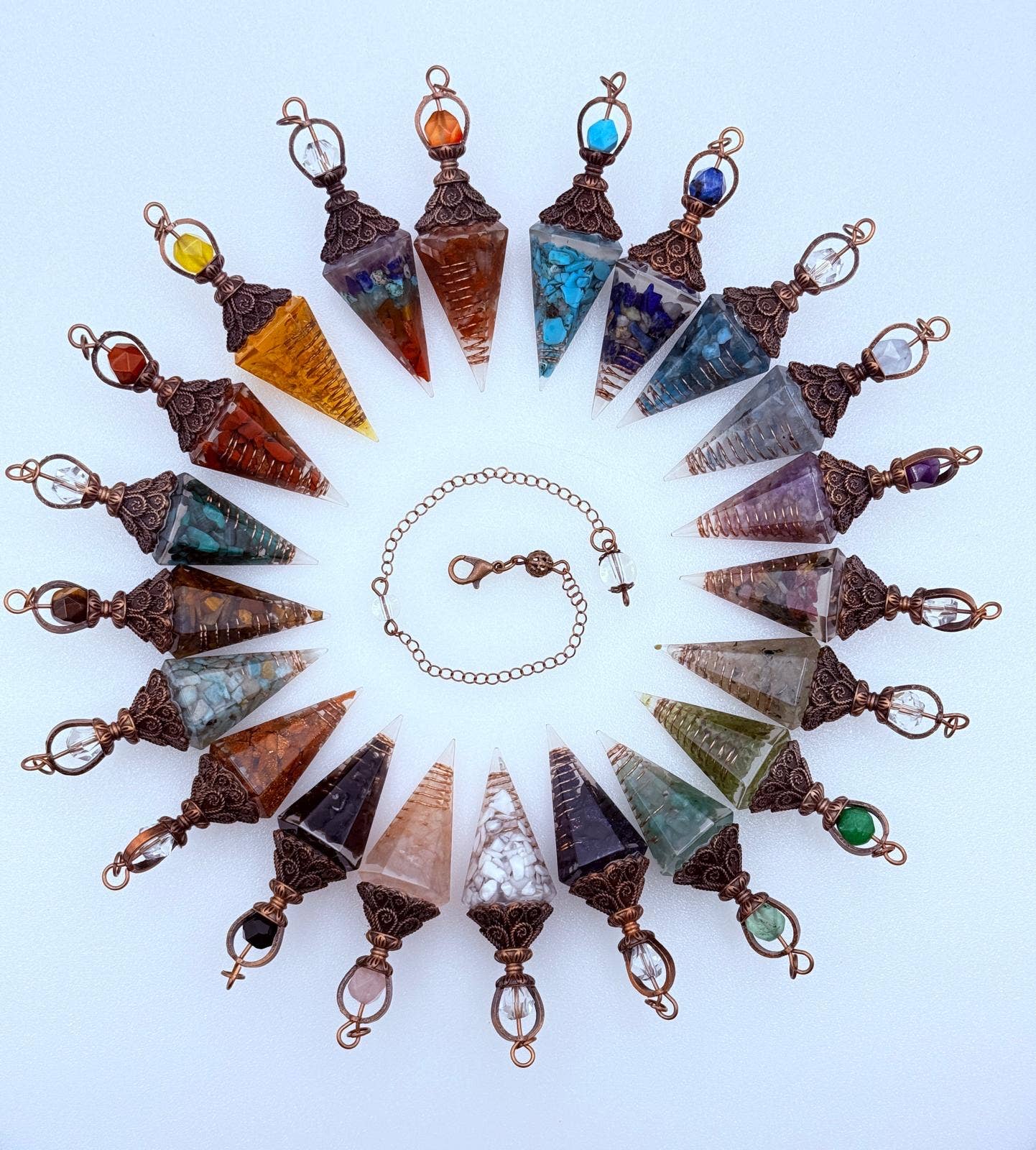 Aquamarine Gemstone Chips w/ Copper in Resin Pendulum