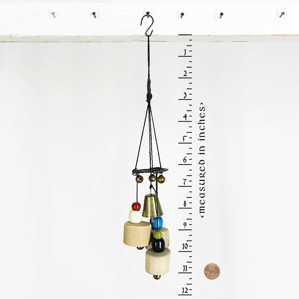 Witch's Bell: Driftwood, Hammered Black Spiral, Colorful Beads - Handcrafted