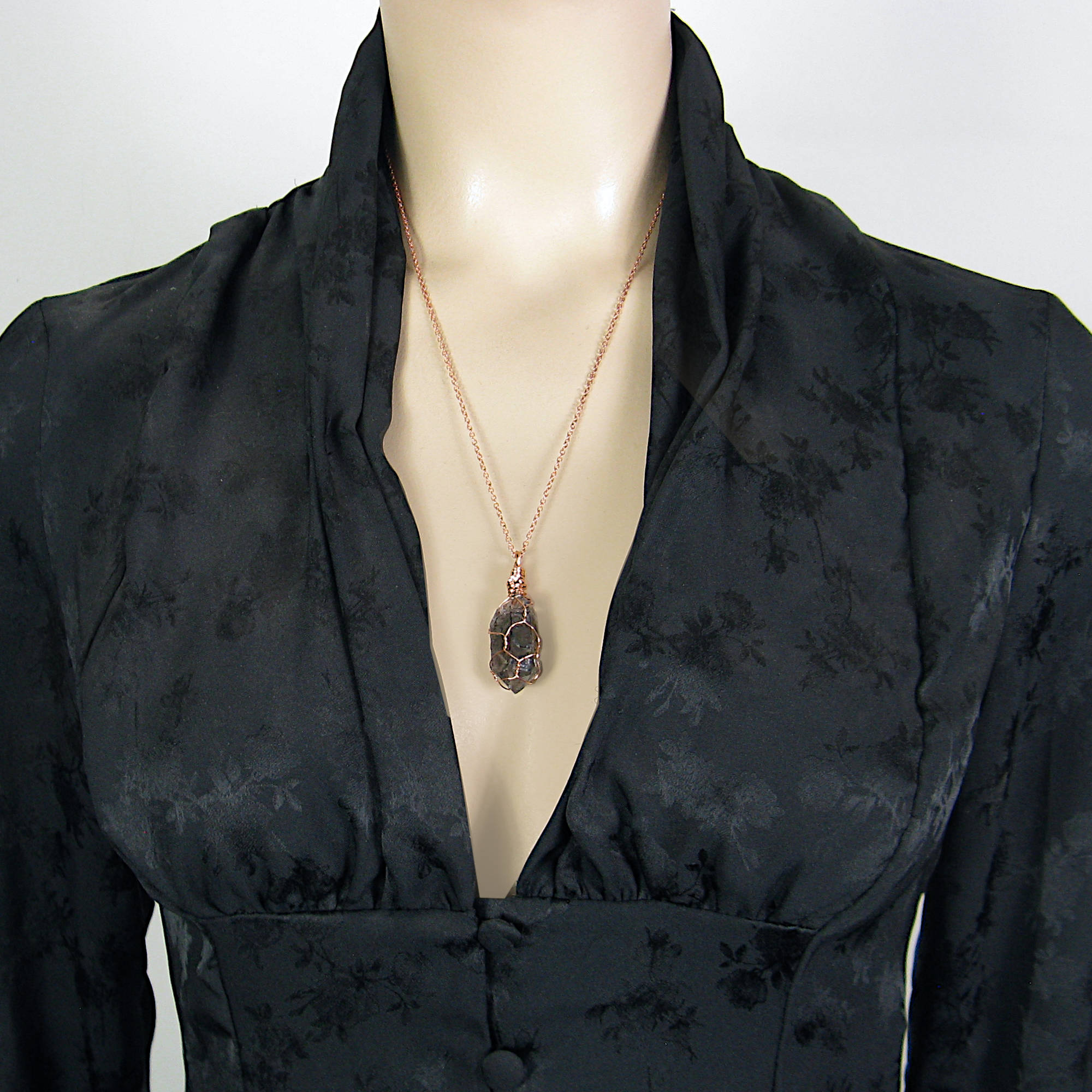 Dark Smoky Quartz Raw Crystal Pendant Necklace, Copper Wire-Wrapped, Handmade, with 20" Chain