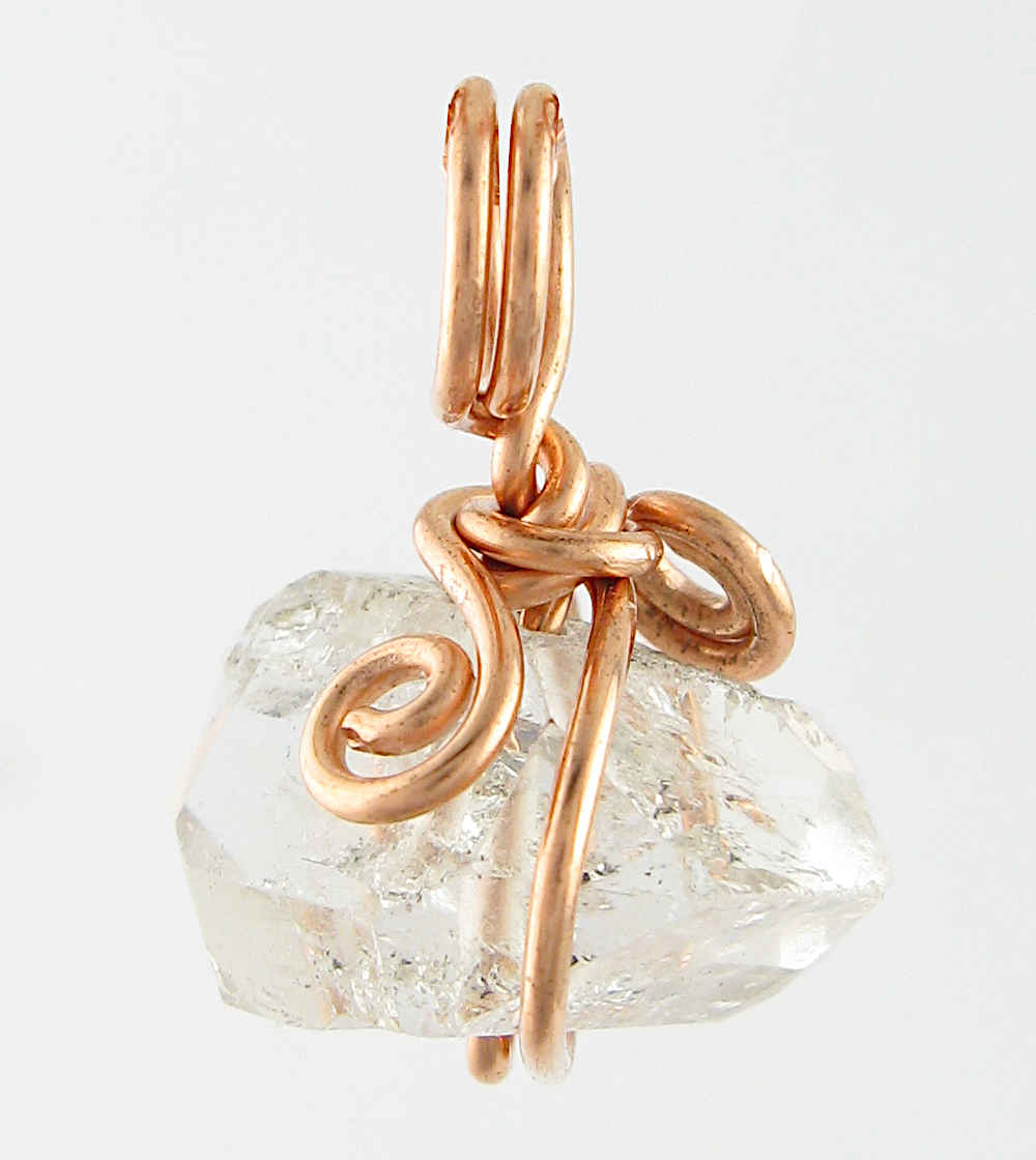 Herkimer Diamond Quartz Spiral Charm Pendant, Copper Wire-Wrapped, Handmade