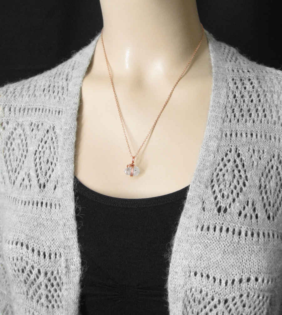 Herkimer Diamond Quartz Spiral Charm Pendant, Copper Wire-Wrapped, Handmade