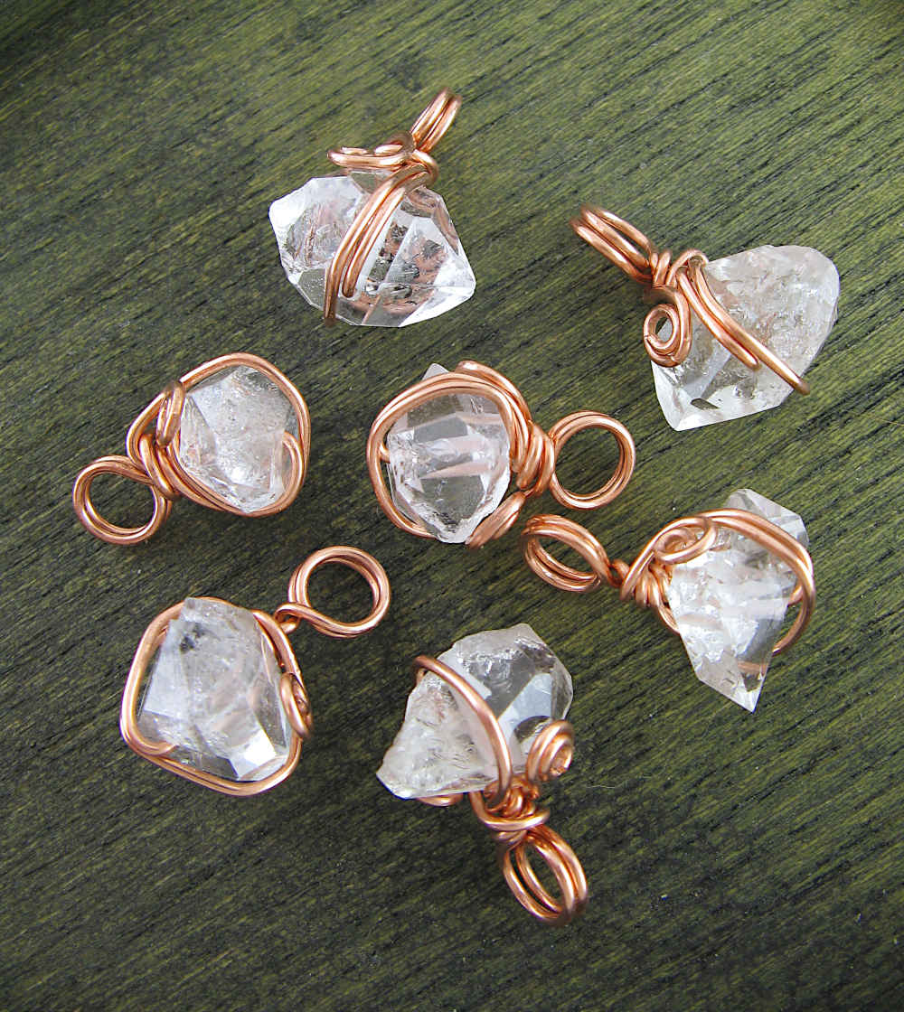 Herkimer Diamond Quartz Spiral Charm Pendant, Copper Wire-Wrapped, Handmade