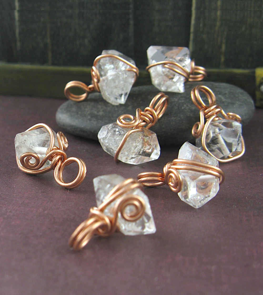 Herkimer Diamond Quartz Spiral Charm Pendant, Copper Wire-Wrapped, Handmade