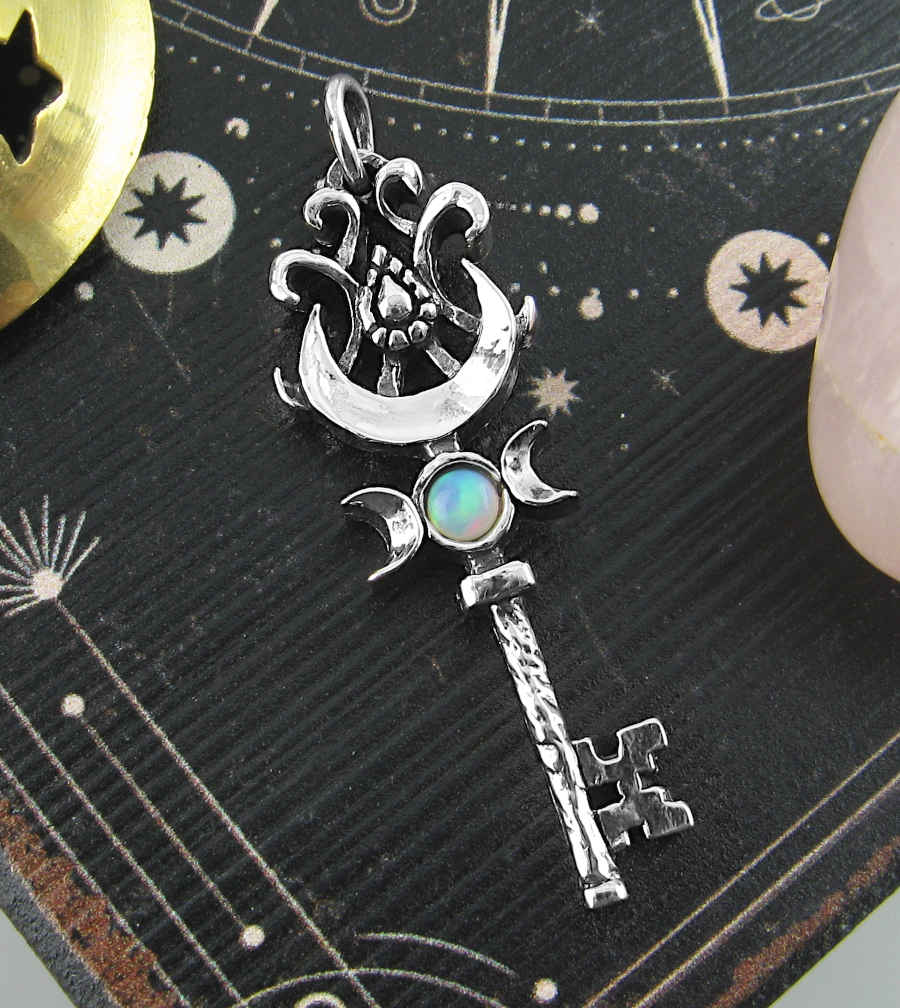 Old-Fashioned Key Pendant With Triple Moon, Crescent & Opal Cabochon, Handmade