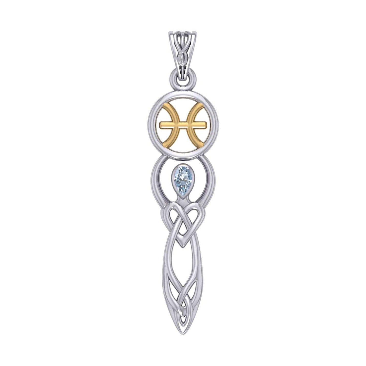 Celtic Goddess Pisces Astrology Zodiac Sign Silver and Gold Accents Pendant with Aquamarine MPD5934