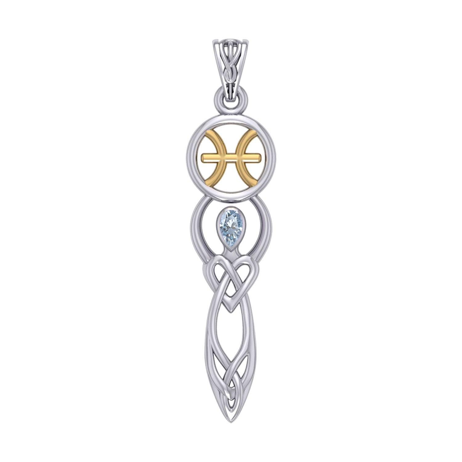 Celtic Goddess Pisces Astrology Zodiac Sign Silver and Gold Accents Pendant with Aquamarine MPD5934
