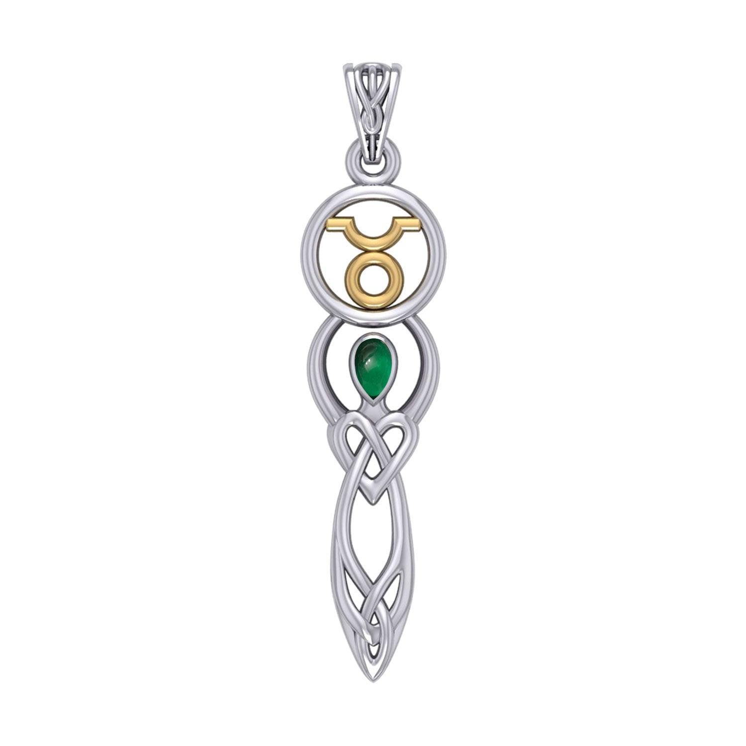 Celtic Goddess Taurus Astrology Zodiac Sign Silver and Gold Accents Pendant with Emerald MPD5936