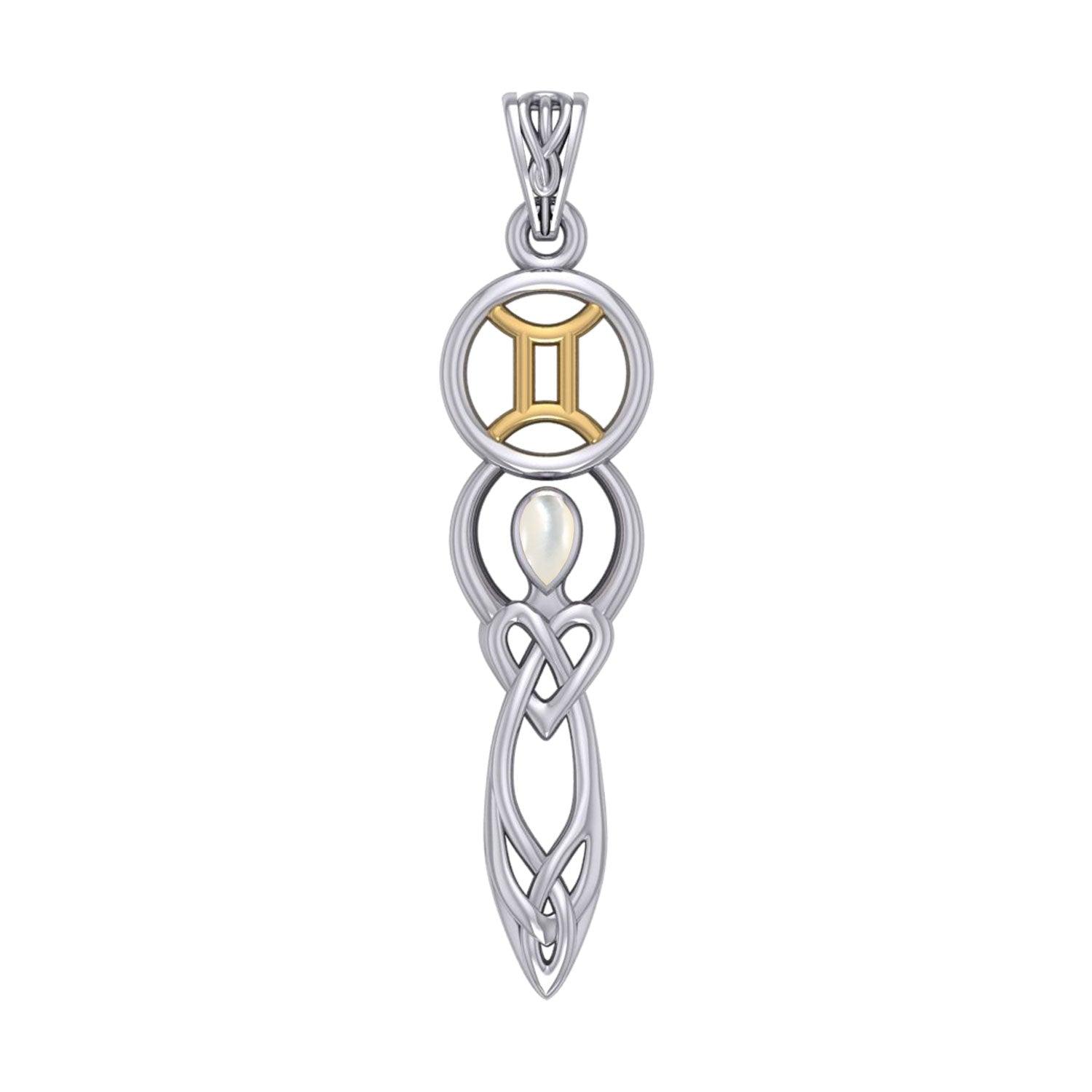 Celtic Goddess Gemini Astrology Zodiac Sign Silver and Gold Accents Pendant with Mother of Pearl MPD5937