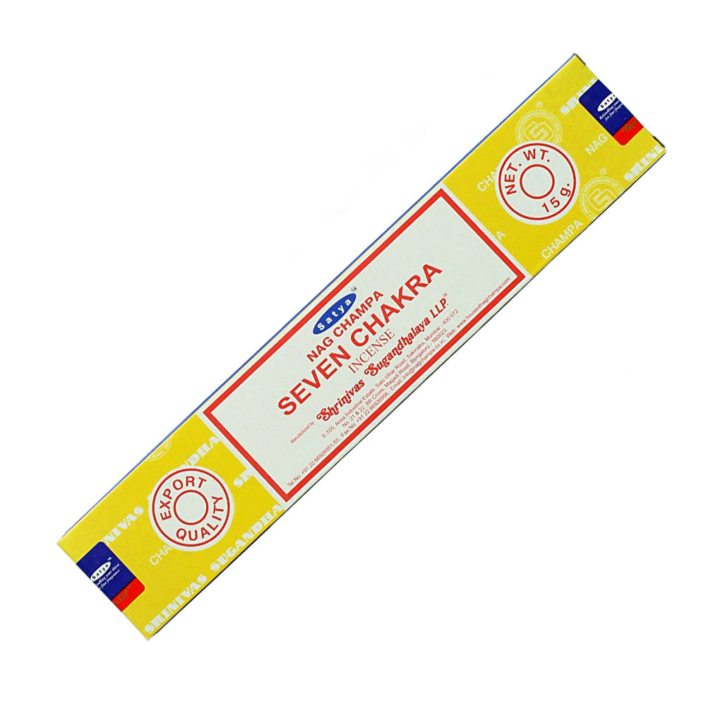 Box of Seven Chakra incense sticks with a yellow and white label on a white background.