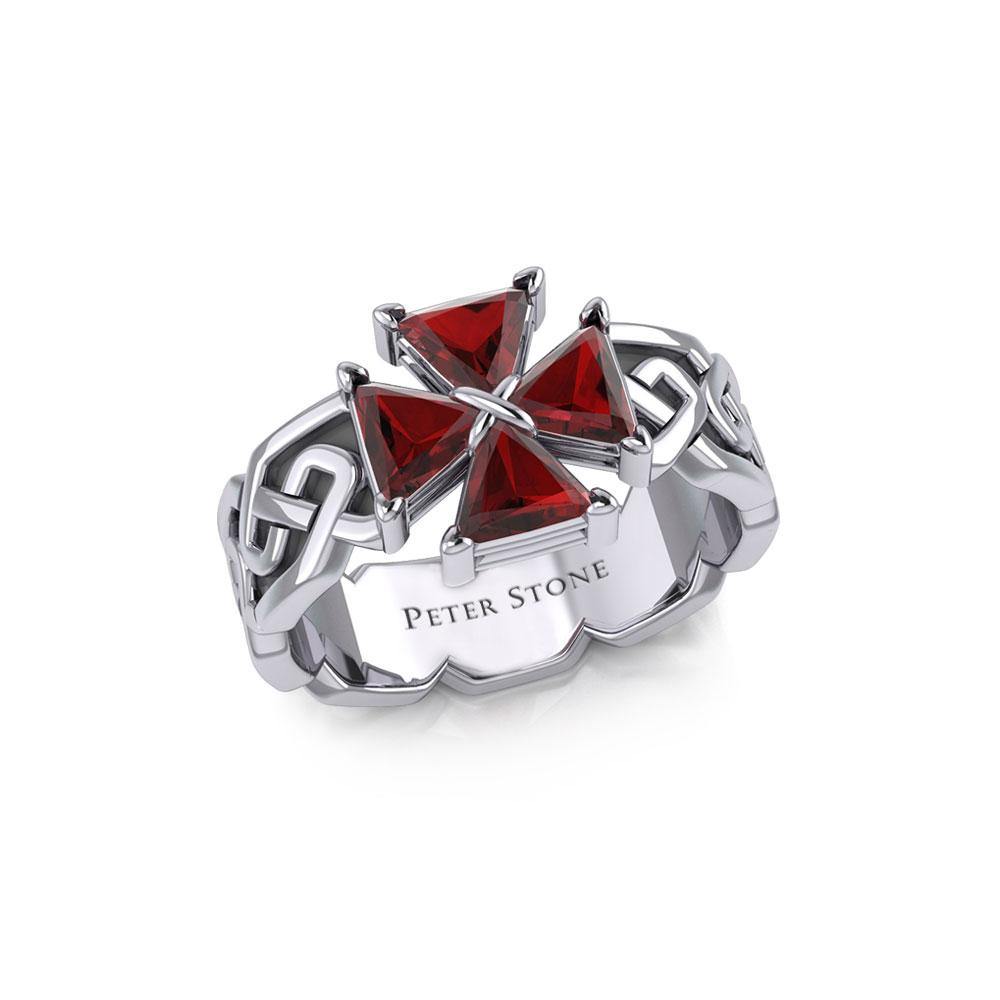 Celtic Knotwork Sterling Silver Band Ring with Cross Gemstone TRI1958
