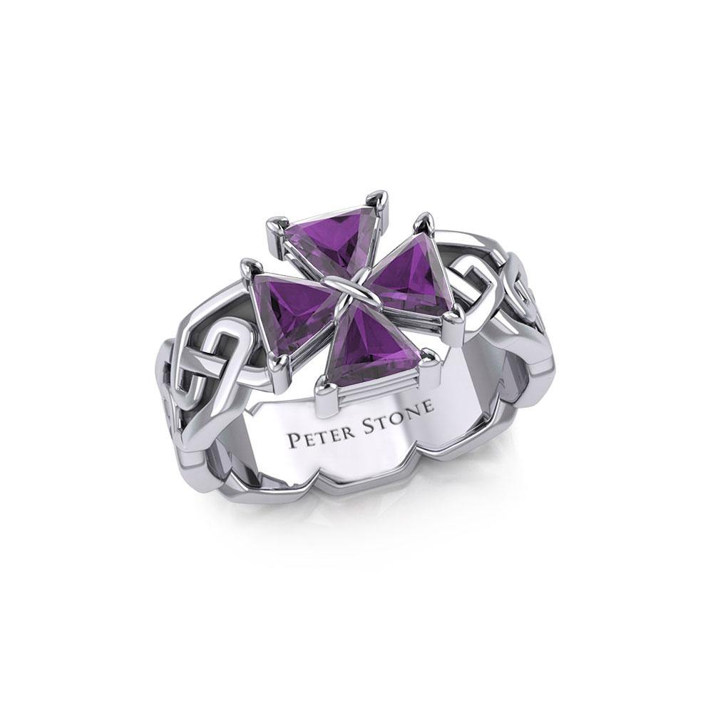 Celtic Knotwork Sterling Silver Band Ring with Cross Gemstone TRI1958