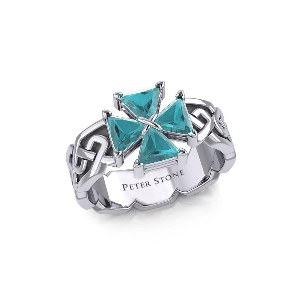 Celtic Knotwork Sterling Silver Band Ring with Cross Gemstone TRI1958