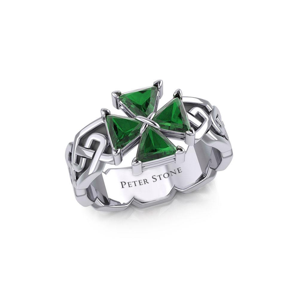 Celtic Knotwork Sterling Silver Band Ring with Cross Gemstone TRI1958