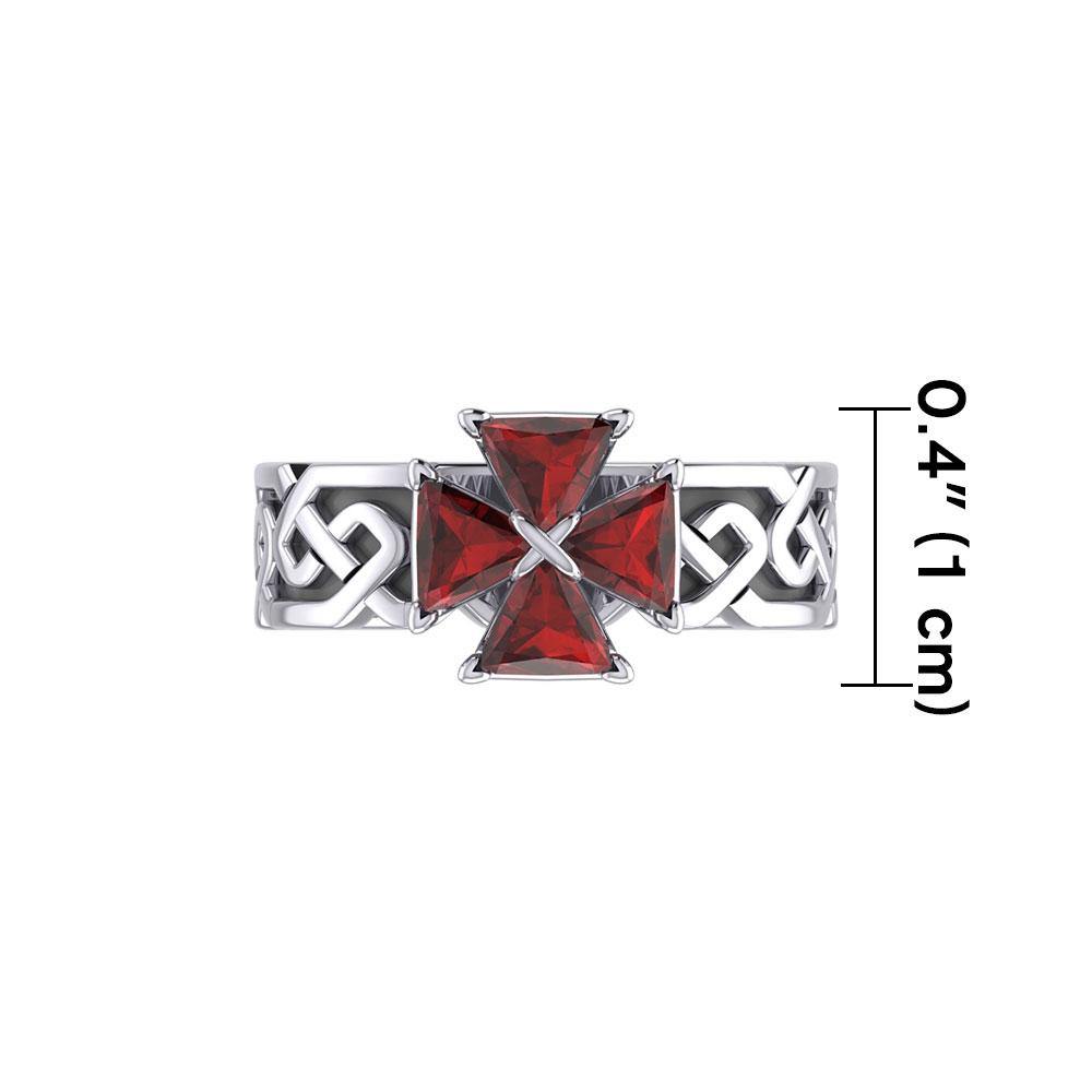 Celtic Knotwork Sterling Silver Band Ring with Cross Gemstone TRI1958