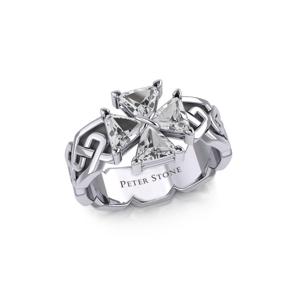 Celtic Knotwork Sterling Silver Band Ring with Cross Gemstone TRI1958