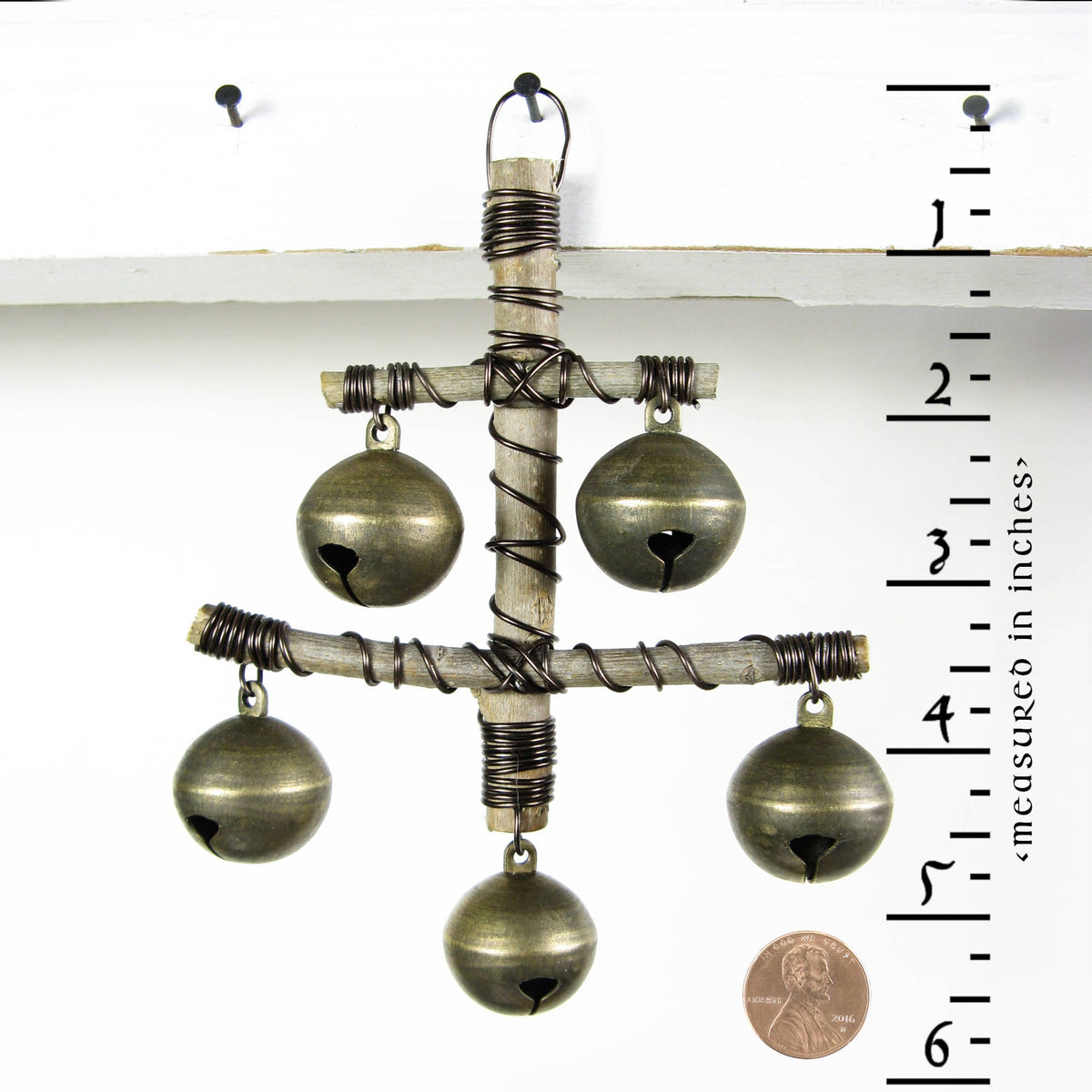 Witch's Bell: "Anchor" of Twigs with 5 Large Sleigh Bells - Handcrafted