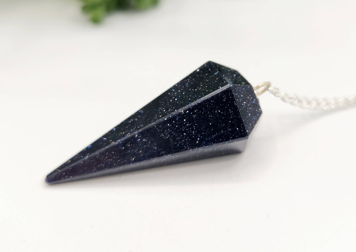 Blue Goldstone Pendulum w/Silver Plated Chain& Clear Quartz