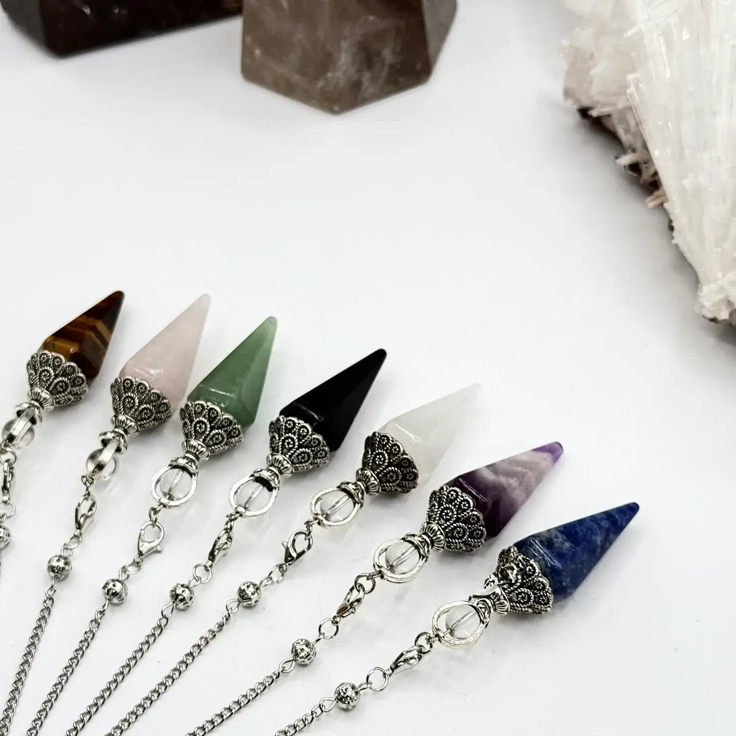 Double Cap Pendulums with Silver Plated Chain : Crytal Quartz