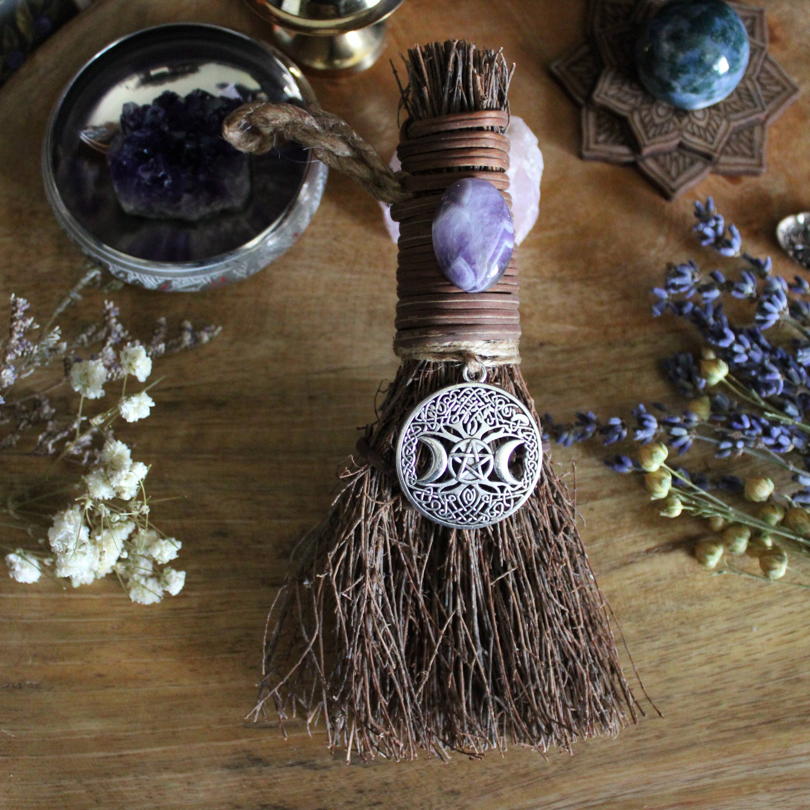Tree Of Life Pentacle Witch's Besom, Witchy Crystal Broom: Silver / Amethyst / 6"