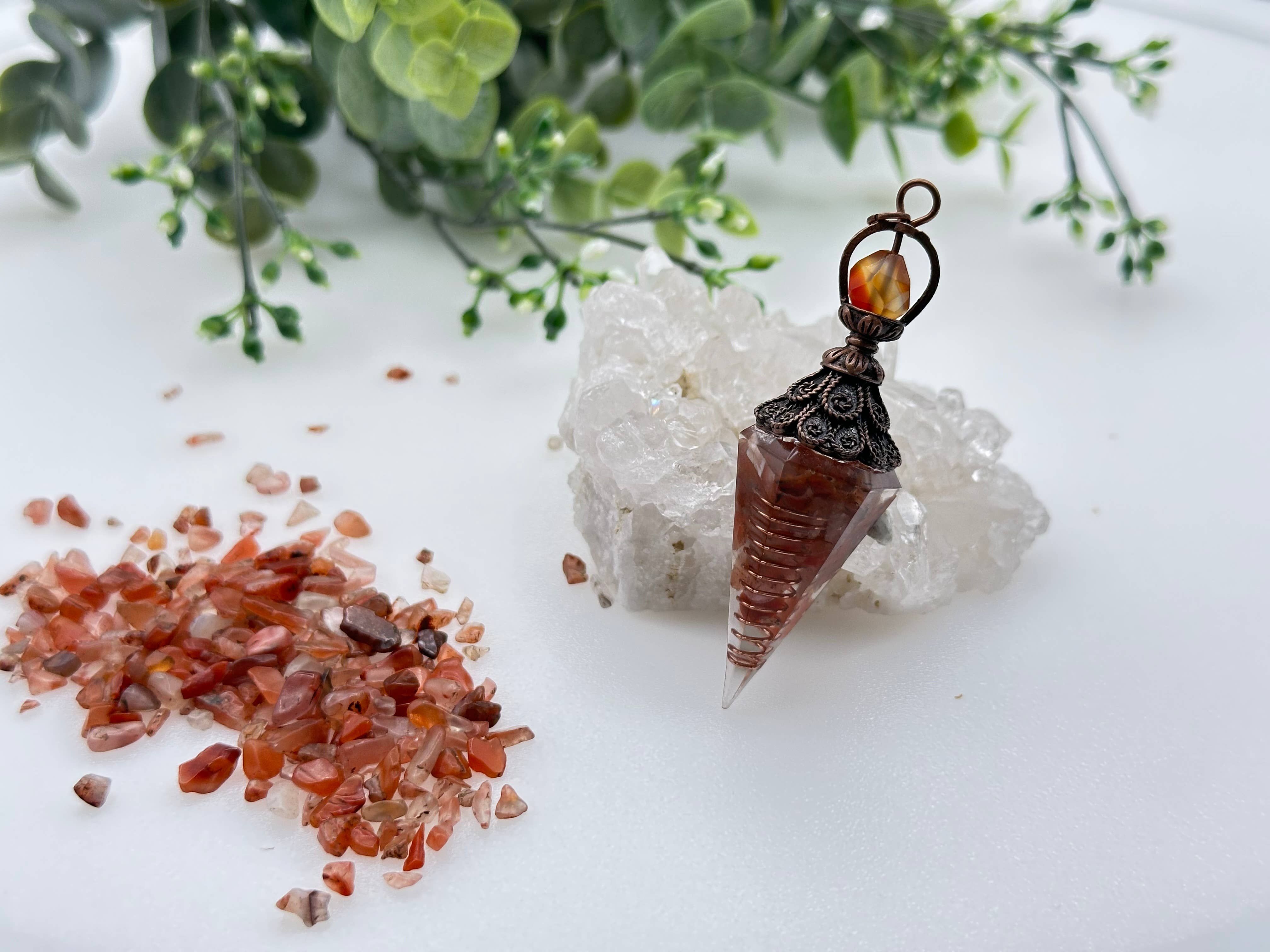 Carnelian Gemstone Chips with Copper in Resin Pendulum