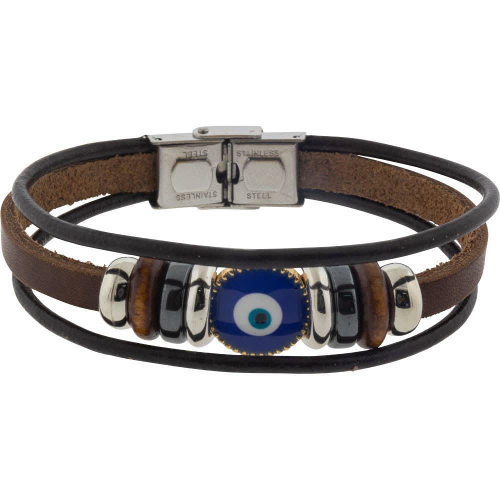 Leather Protection Bracelet Evil Eye - Triple Row Brown