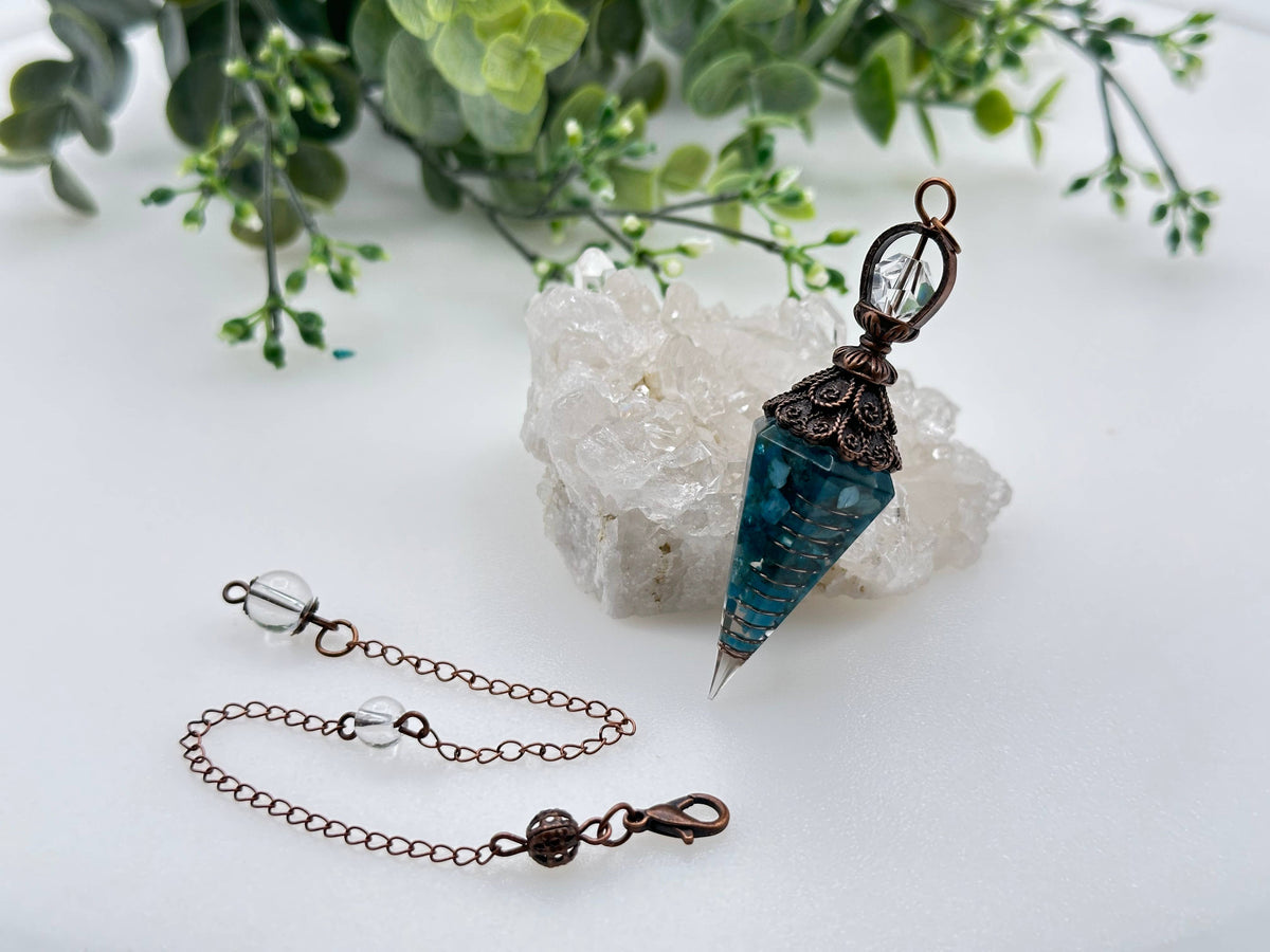 Blue Apatite Gemstone Chips w/ Copper in Resin Pendulum