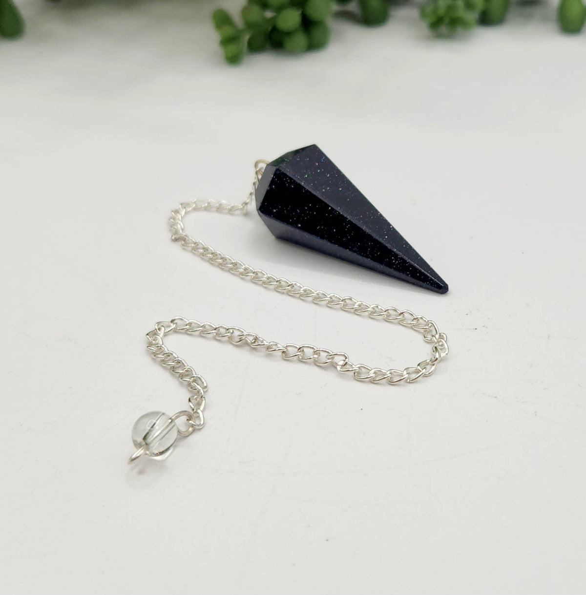 Blue Goldstone Pendulum w/Silver Plated Chain& Clear Quartz